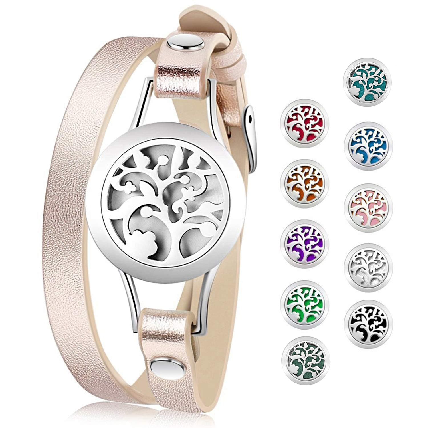 Essential Oil Diffuser Bracelet Wristband for Women Stainless Steel Aromatherapy Locket Bracelets Adjustable Leather Band with 8 Color Pads Jewelry Round