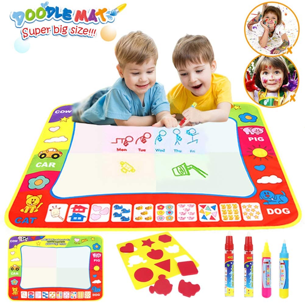 Toys for 2-10 Years Old girls Boys Water Doodle Mat for Kids 4 color Aqua Drawing Painting Mat (80 x 60cm) with 4 Magic Pens 1 Stamp Set Mess Free Learning Toys Gift for 3 4 5 6 Year Old Boys Girls