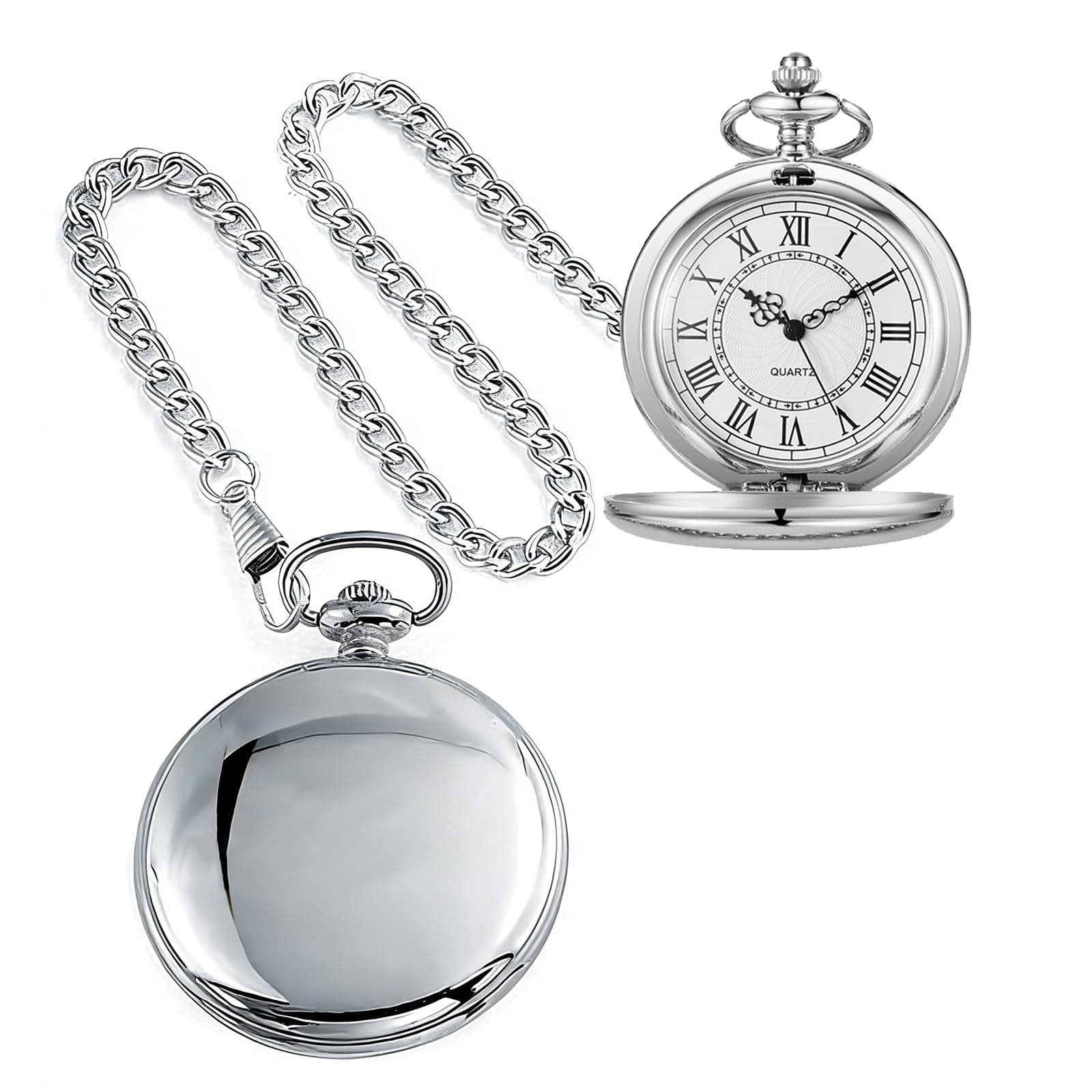 Smooth Pocket Watch Alloy Steel Quartz Roman/Arabic Numerals with 37cm Chain for Father's Day Xmas Best Gifts