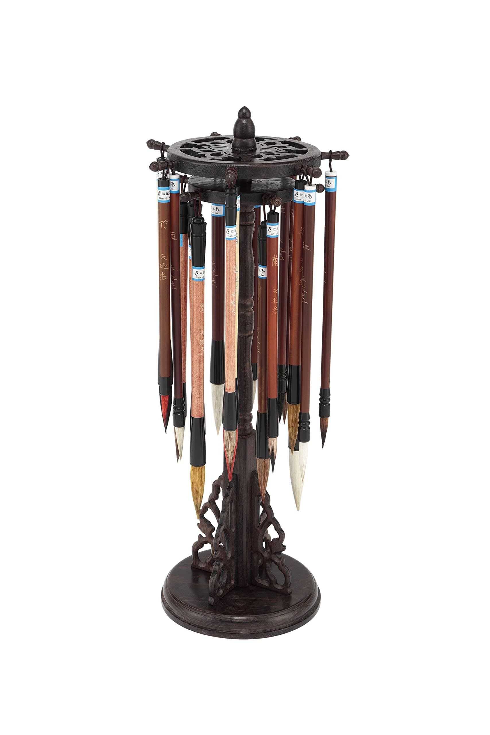 Golden Panda Chinese Calligraphy Set with 18 Bamboo and Rosewood Handled Brushes, Sumi Ink Brush Kit, Deluxe Rotating Stand with Silk Lined Storage Box, Goat Pony Badger Hair - Perfect for Beginners