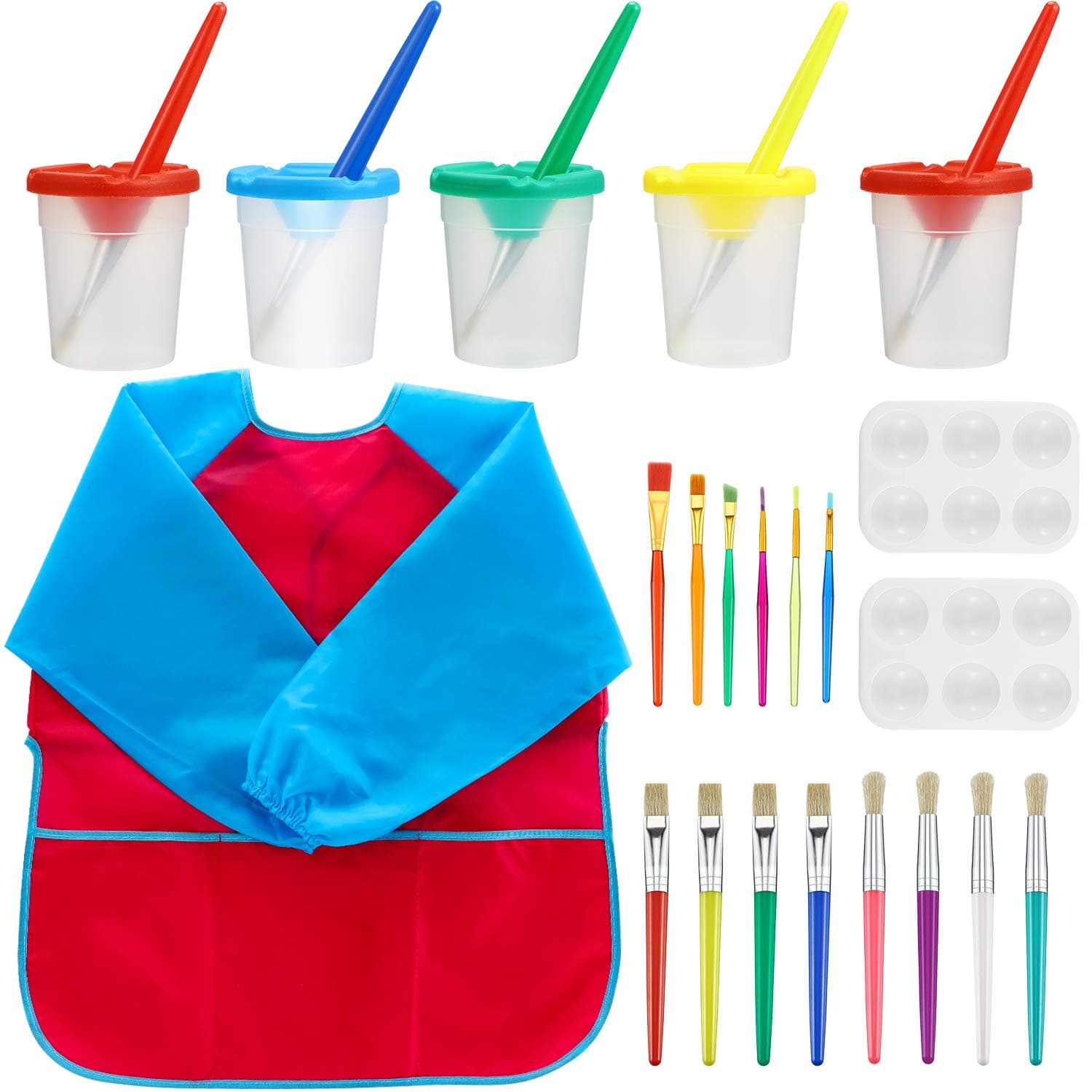 meekoo22 Packs Kid's Paint Supply, No Spill Paint Cups with Colored Lids, Kid Large Paint Brush with Flat and Round Tips, Tool Brushes, Kids Art Waterproof Smocks and Paint Palettes