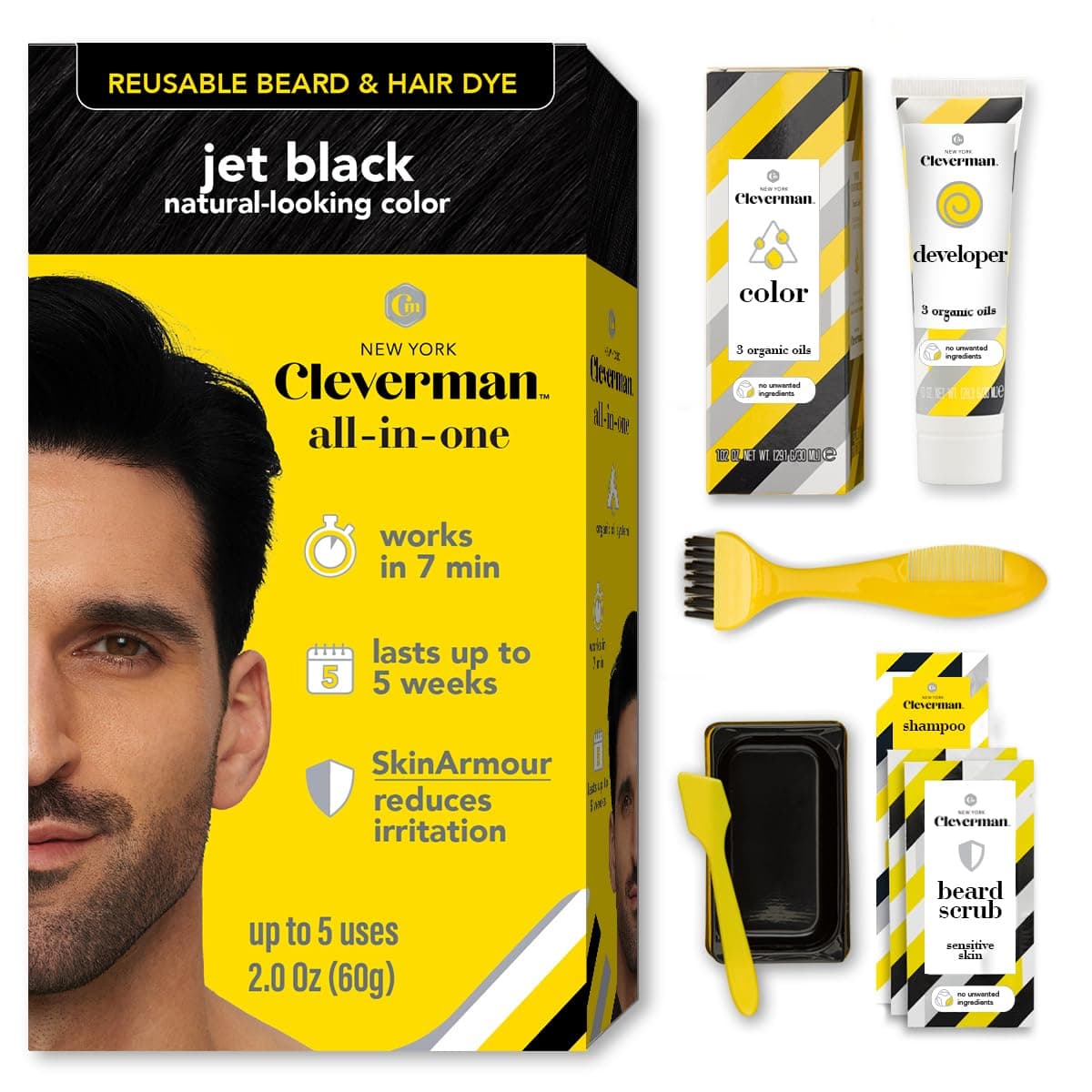 Reusable Hair & Beard Dye for Men – Jet Black 1.7 | Up to 5 Uses, 7 Minutes | Natural Gray Coverage, No-Drip Cream with SkinArmour® – Cleverman