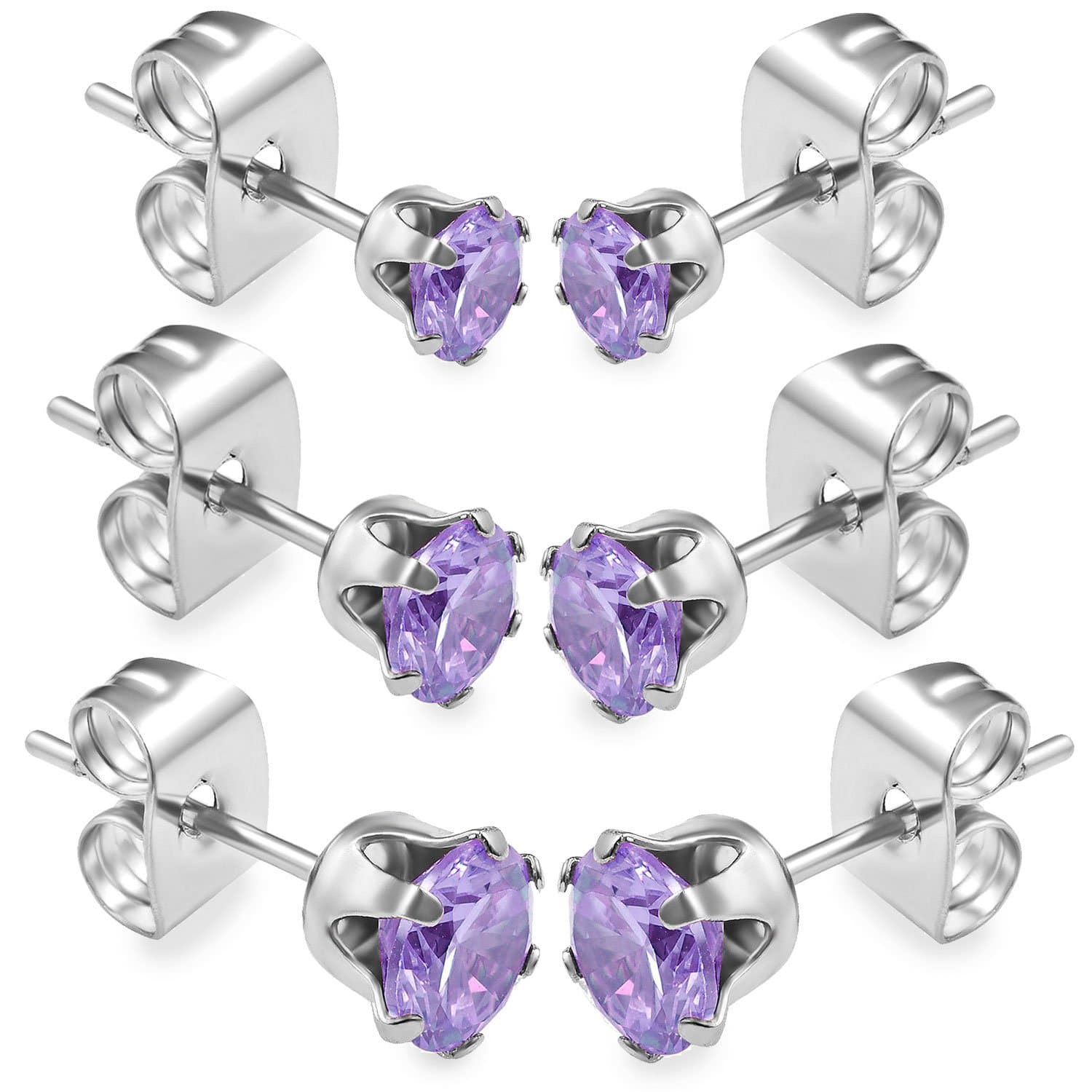 6pcs 20g 3mm 4mm 5mm CZ Crystal Stud Earrings Cartilage Triple Lobe Helix Gauges Surgical Stainless Steel Ear Plugs - Amethyst