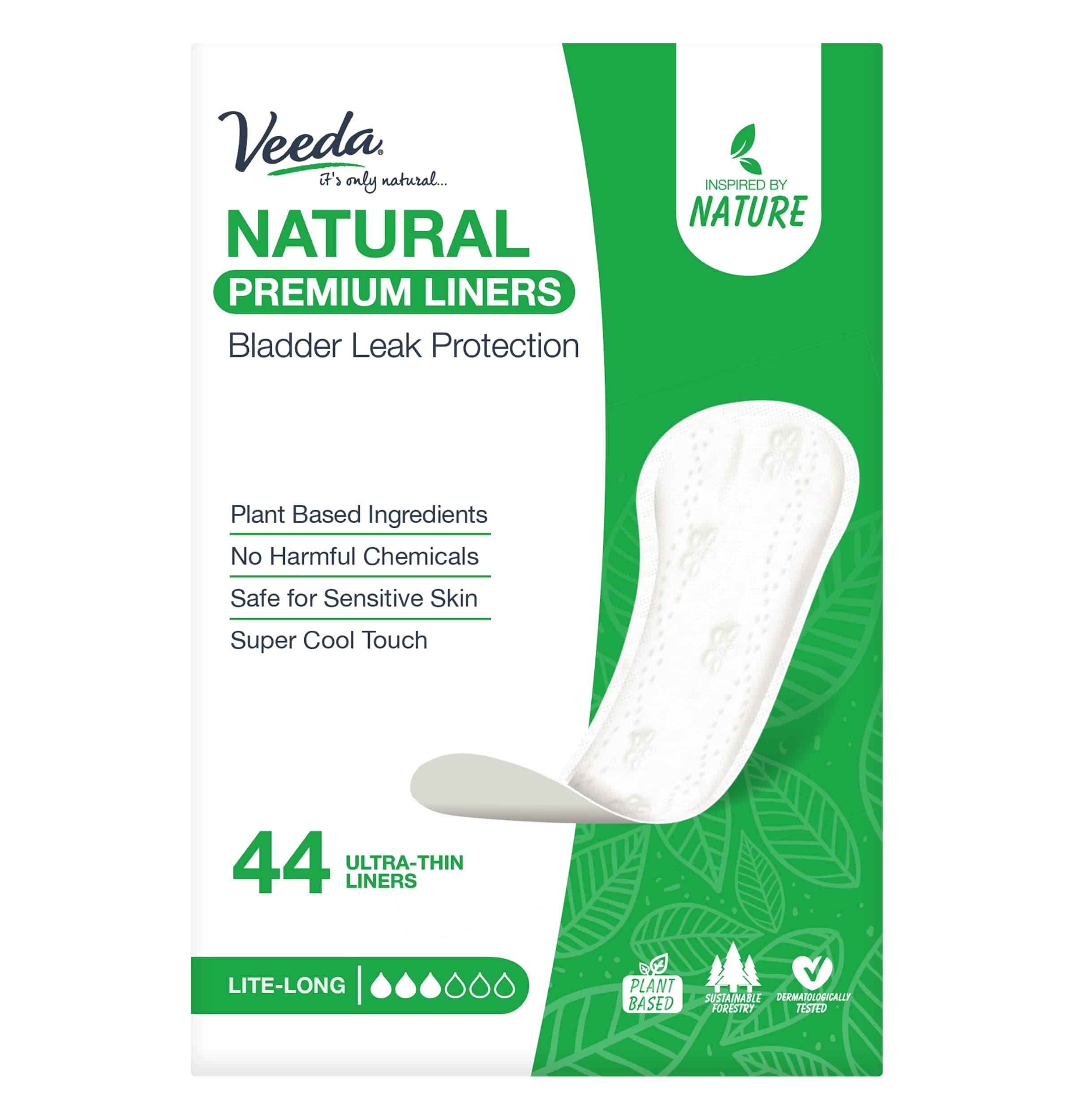 VeedaNatural Premium Ultra Thin Panty Liners for Women - Breathable Thin Daily Liners are Always Chlorine and Toxin Free - Hypoallergenic & Long Length Pantiliners - Lite Long Absorbency - 44 Count