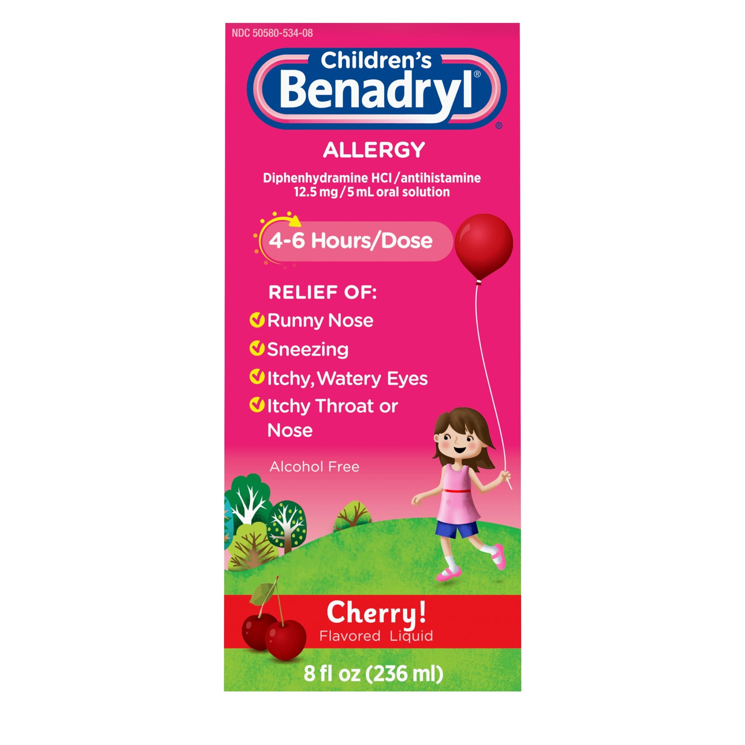 Children's Allergy Relief Liquid Medicine with Diphenhydramine HCl Antihistamine for Kids, Effective Allergy Relief, Cherry Flavor, 8 fl. oz