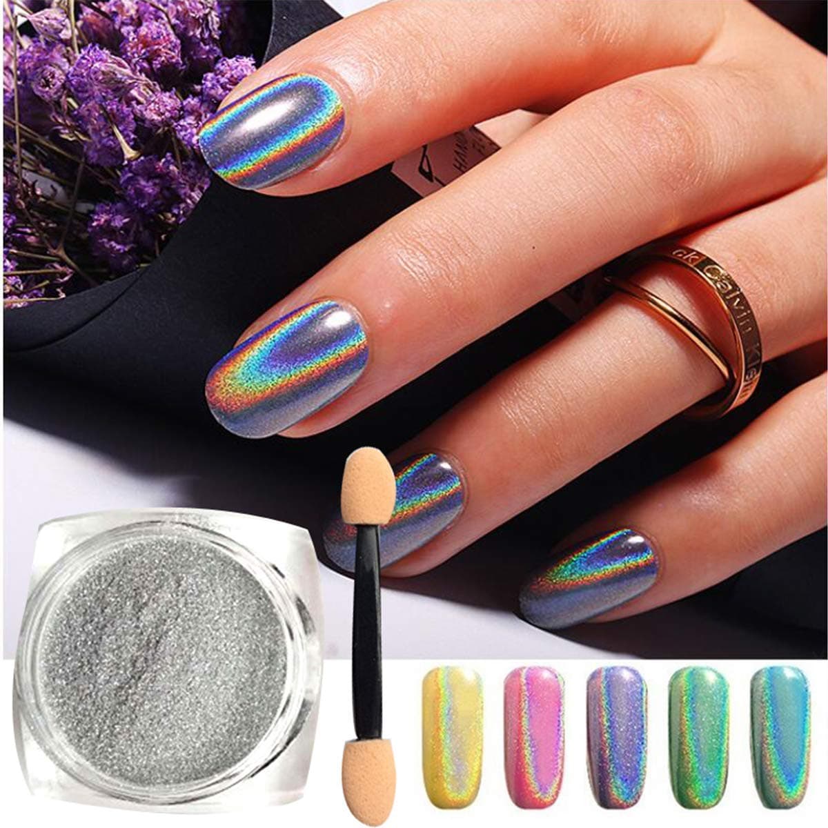 Holographic Nail Powder, FOXTSPORT Nail Laser Chrome Pigment Glitter Unicorn Holo Rainbow Mirror Powder Dust Manicure Nail Art Decoration 0.5g/Box