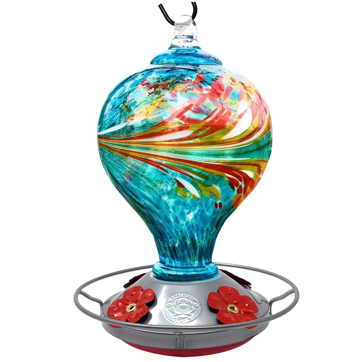 Hummingbird Feeder by Grateful Gnome - Large Hand Blown Stained Glass Feeder for Garden, Patio, Outdoors, Window with Accessories S-Hook, Ant Moat, Brush - 36fl oz, Large Blue Egg Design