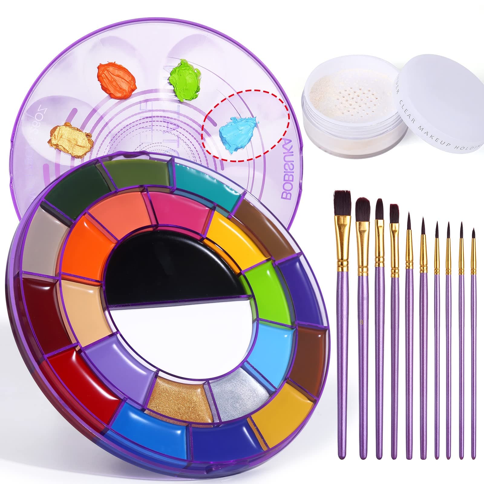 BOBISUKA Face Painting Kit - 24 Colors Big Pan White Black Neon Face Body Paint Palette Oil Based + Setting Powder + 10PCS Artist Purple Brushes Set for Halloween Cosplay Party SFX Makeup