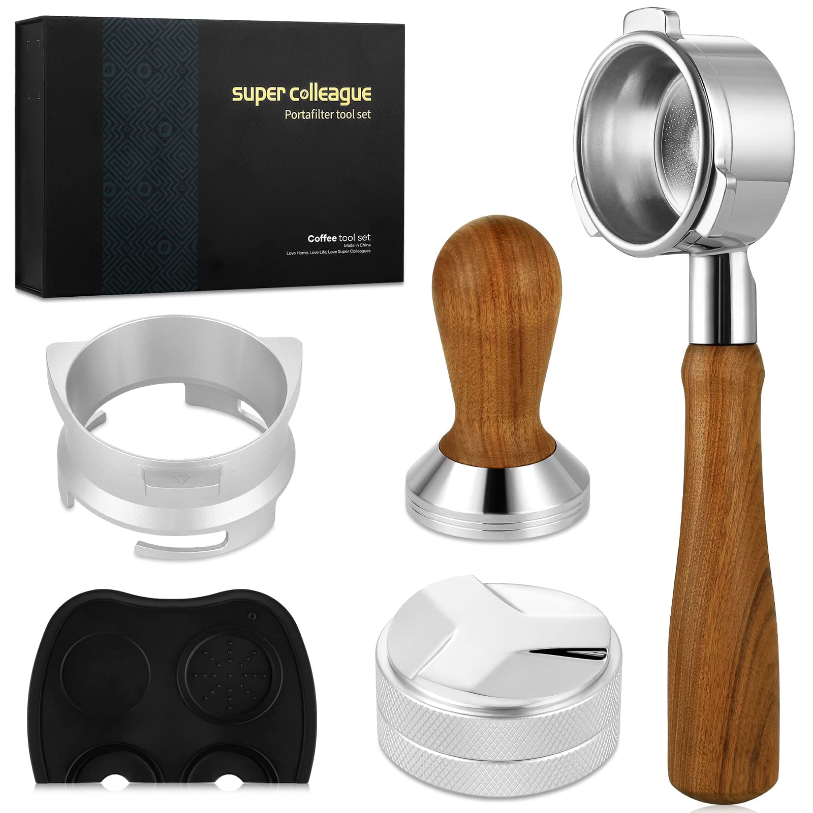 Gift Box 54mm Bottomless Portafilter Two Cup Basket Filter Distributor Leveler Hands-Free Dosing Ring Funnel Tamper Tamping Mat for Breville 8 Series Wood Handle Stainless Steel Set of 7