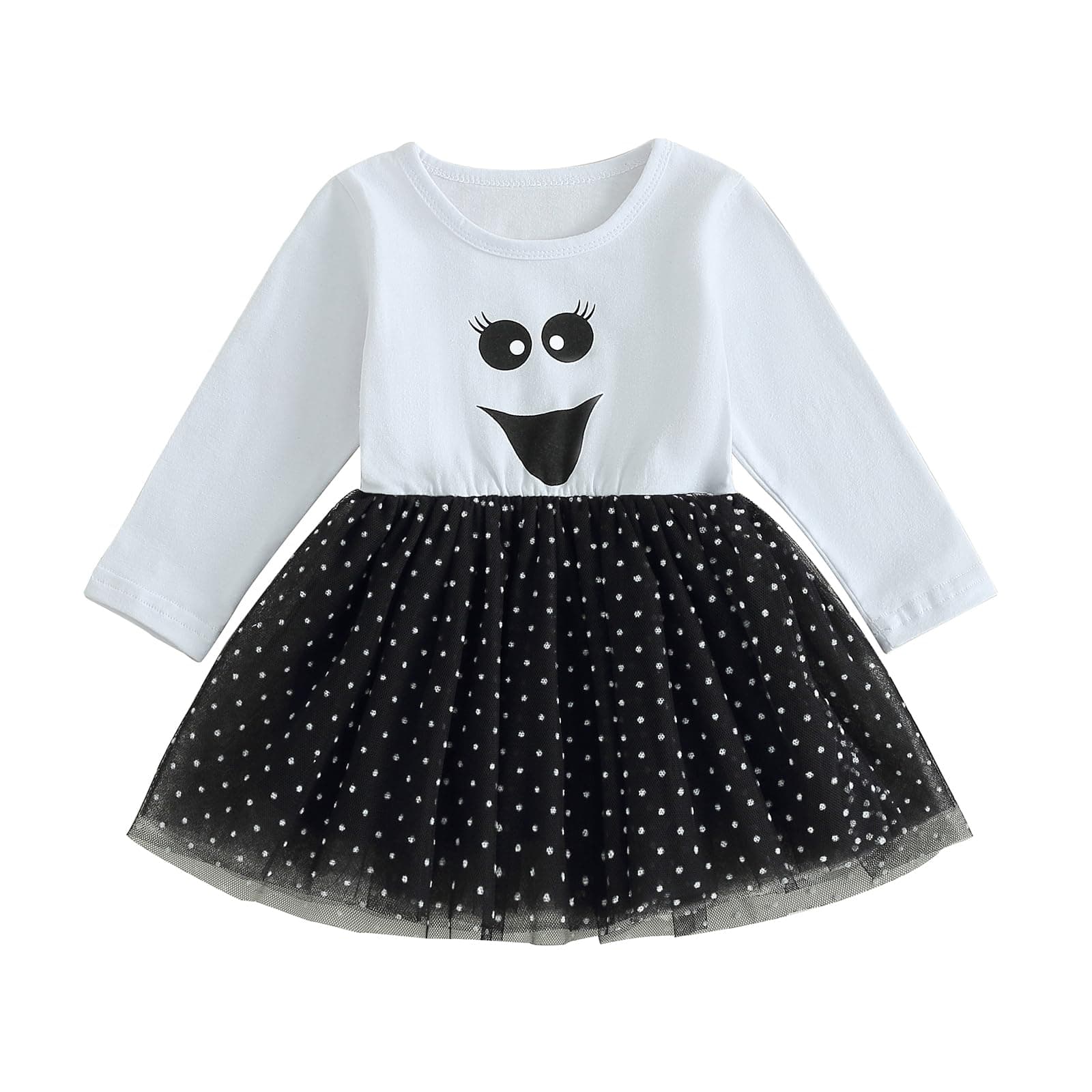 Toddler Girls Dress Infant Halloween Baby Clothes Long Sleeve Smile Face Print T-Shirt Tulle Patchwork Fall Dress (White, 18-24 Months)