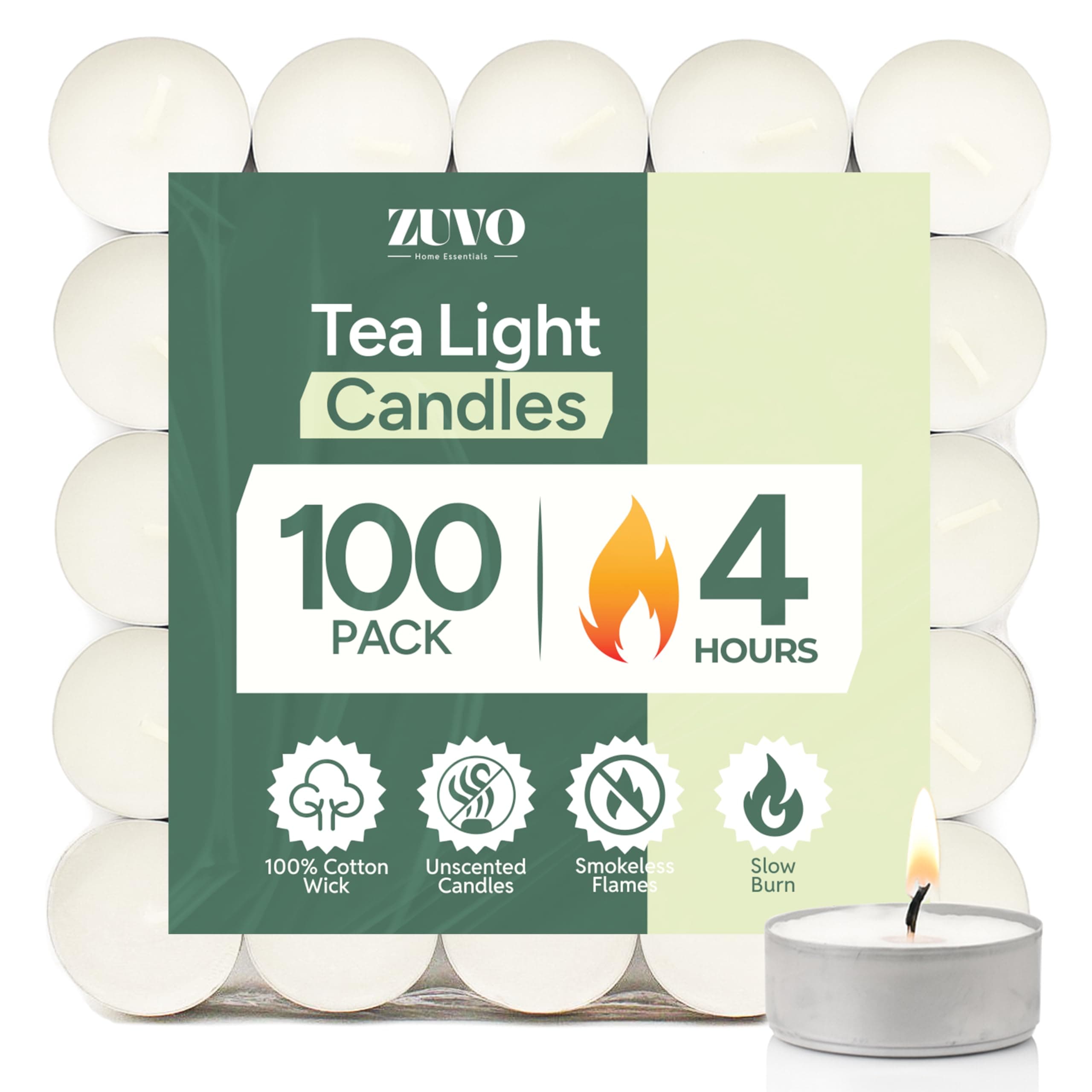 Zuvo Tea Lights Candles 4 Hour Burn (100 Pack) - White Lights - 1.5"W x 1"H Smokeless & Unscented Candles - Party Candles- for Weddings, Home Decor