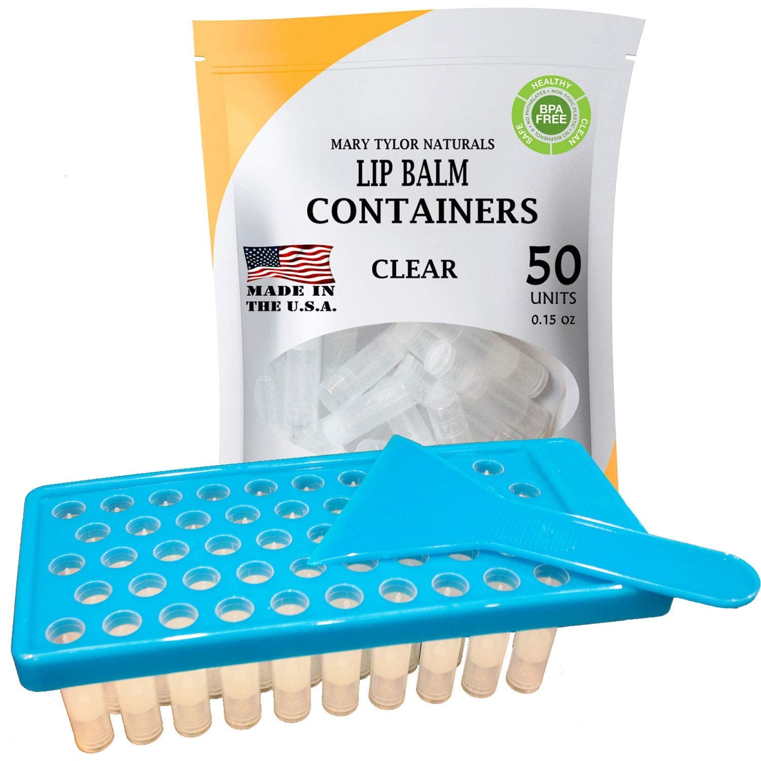 Lip Balm Kit, Made in the USA Fill Tray With Spatula and 50 Clear Lip Balm Containers (5ml each) BPA Free by