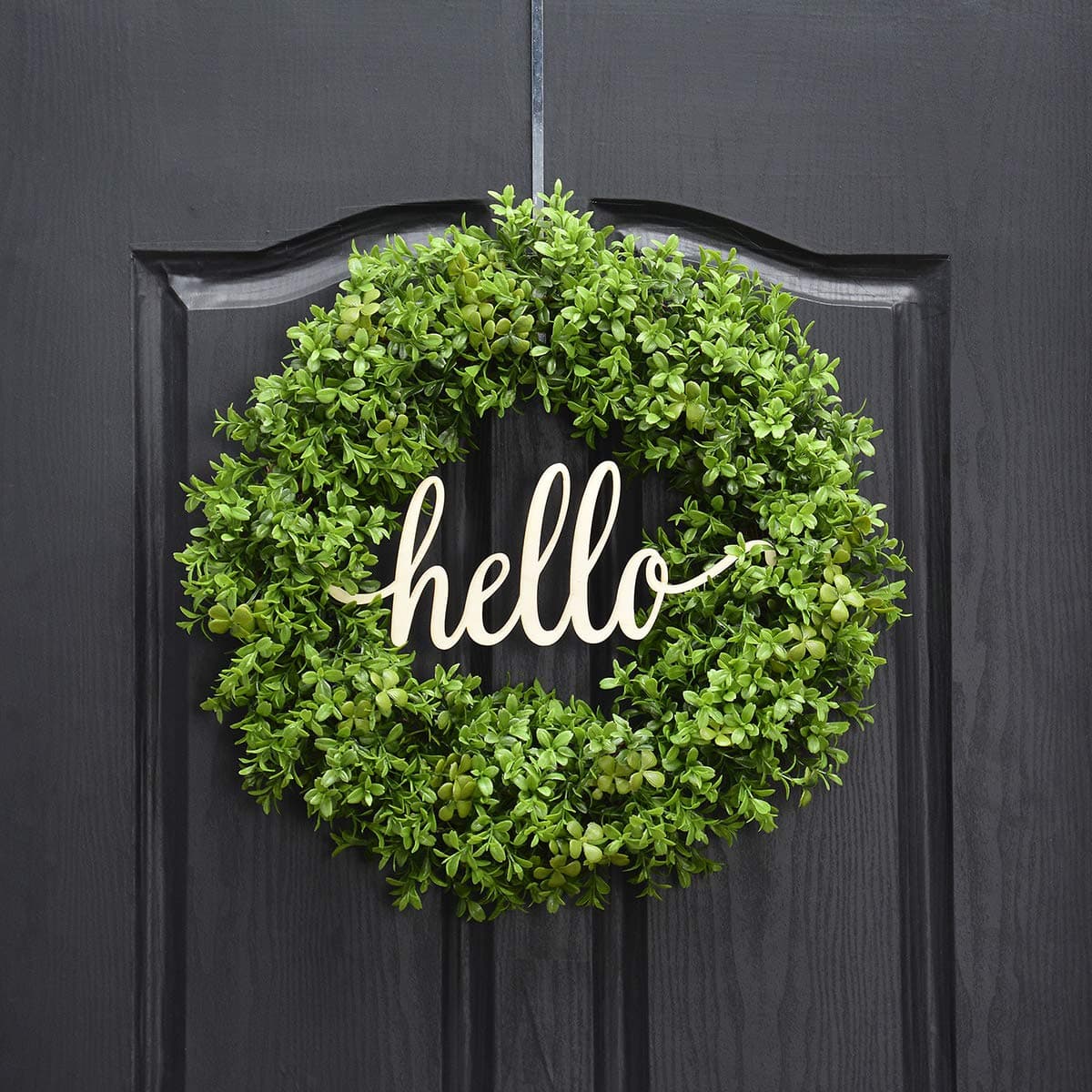 18 Inch Boxwood Wreath Spring Wreath for Front Door Shamrock Wreath Summer Wreath Green Leaves Wreath Hello Wreath Farmhouse Wreath Grapevine Wreath