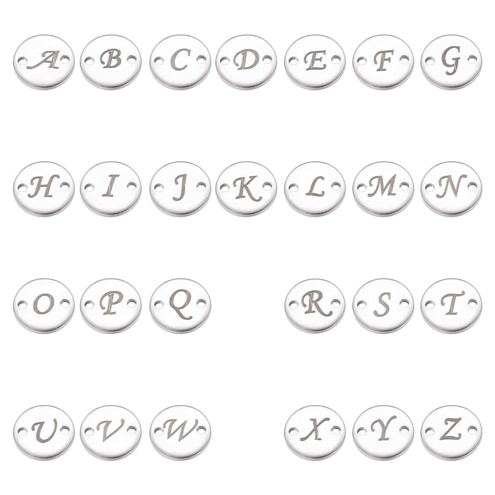 UNICRAFTALE52pcs Stainless Steel Alphabet Link Charms Metal A-Z Letter Pendants Flat Round with Initial Letter Charms 1.2mm Hole Linking Connectors for Necklaces Bracelet Jewelry Making