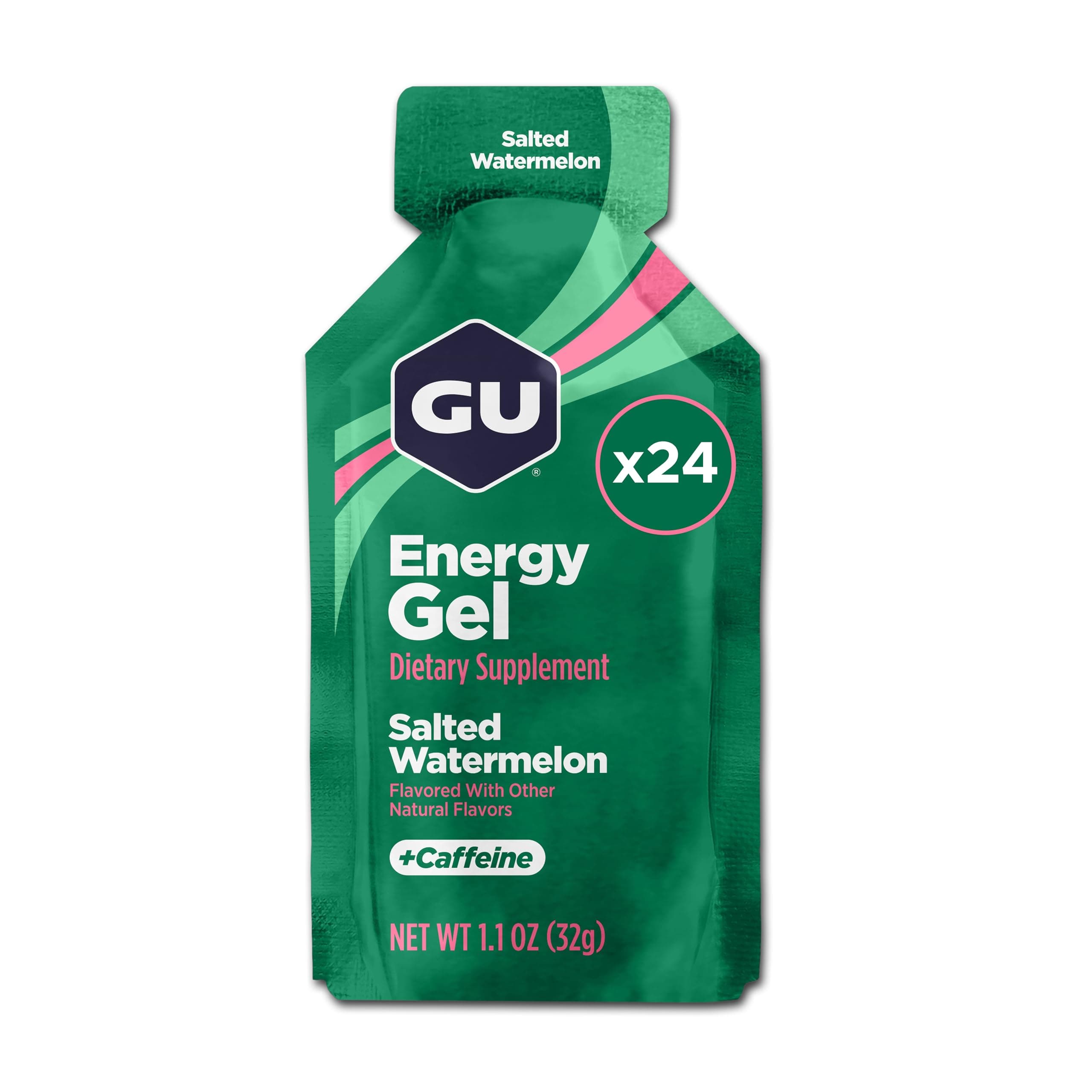 GU Original Energy Gels, Salted Watermelon 24 Pack - 100 Calorie Energy Gel with Carbohydrates, Caffeine, BCAAs and Electrolytes - Pre-Workout Fuel for Running, Cycling, Triathlon and Endurance Sports