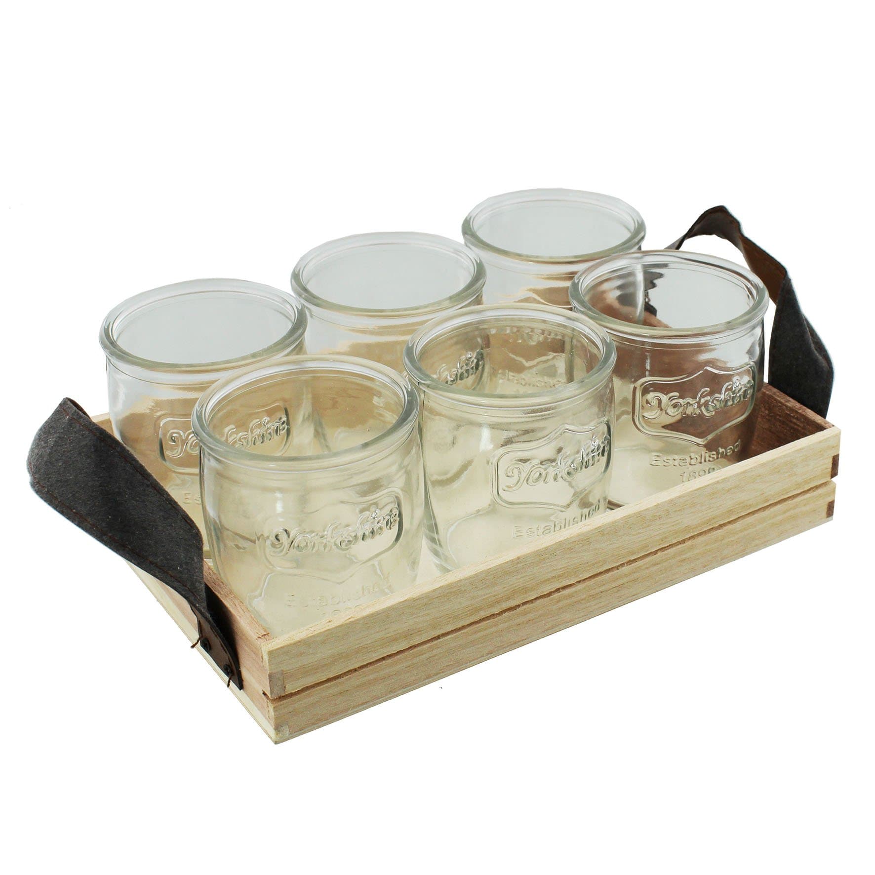Yorkshire Classic Collection - 6 Traditional shot glasses Jars & wooden display trayTray