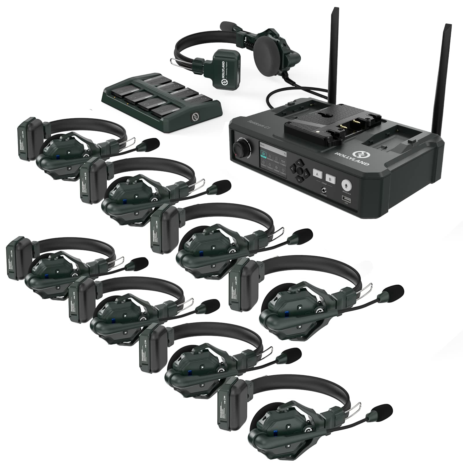 Hollyland Solidcom C1 9-Users Wireless Headset Intercom System with Base Station & 9 headsets, 1.9GHz Full-Duplex Team Communication with AB Grouping Cloud Meeting Announcement Expandable Connection