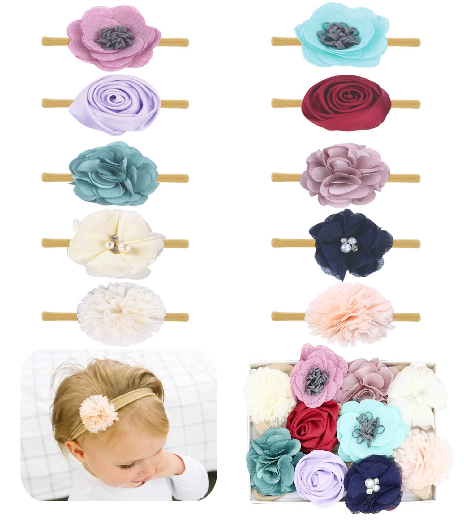 Fancy Clouds Baby Girl Headbands,10 Pack Bow flower Hair Accessories for Newborn Infant Toddler Kids Children