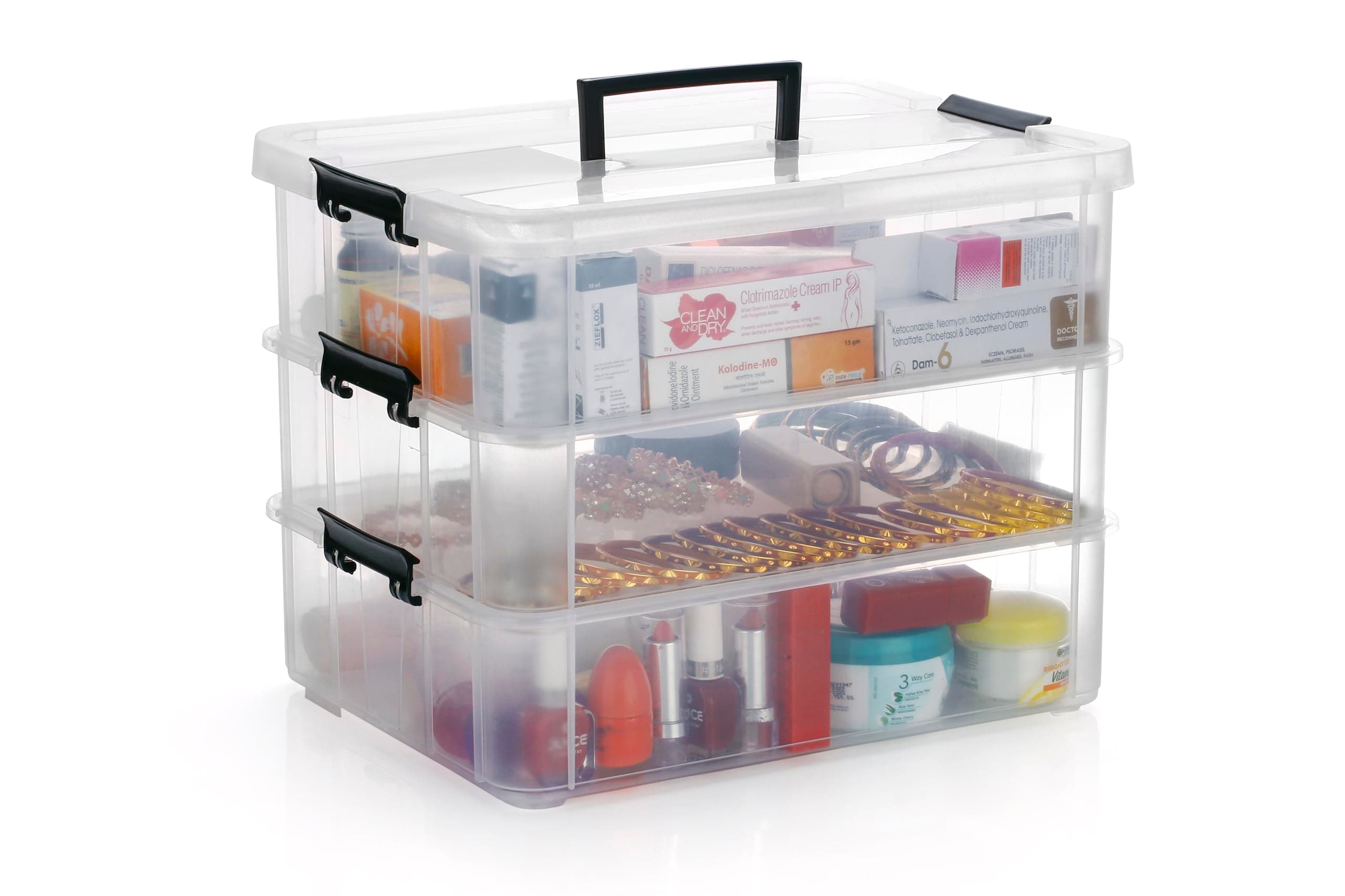 Plastic Storage Box - 3 Tier Transparent Rectangular Multi Utility Detachable, Portable & Stackable Space Saving Organiser with Lid for Medicine, Jewelry, Arts & Crafts, Buttons, Beads (3 tier, Black)