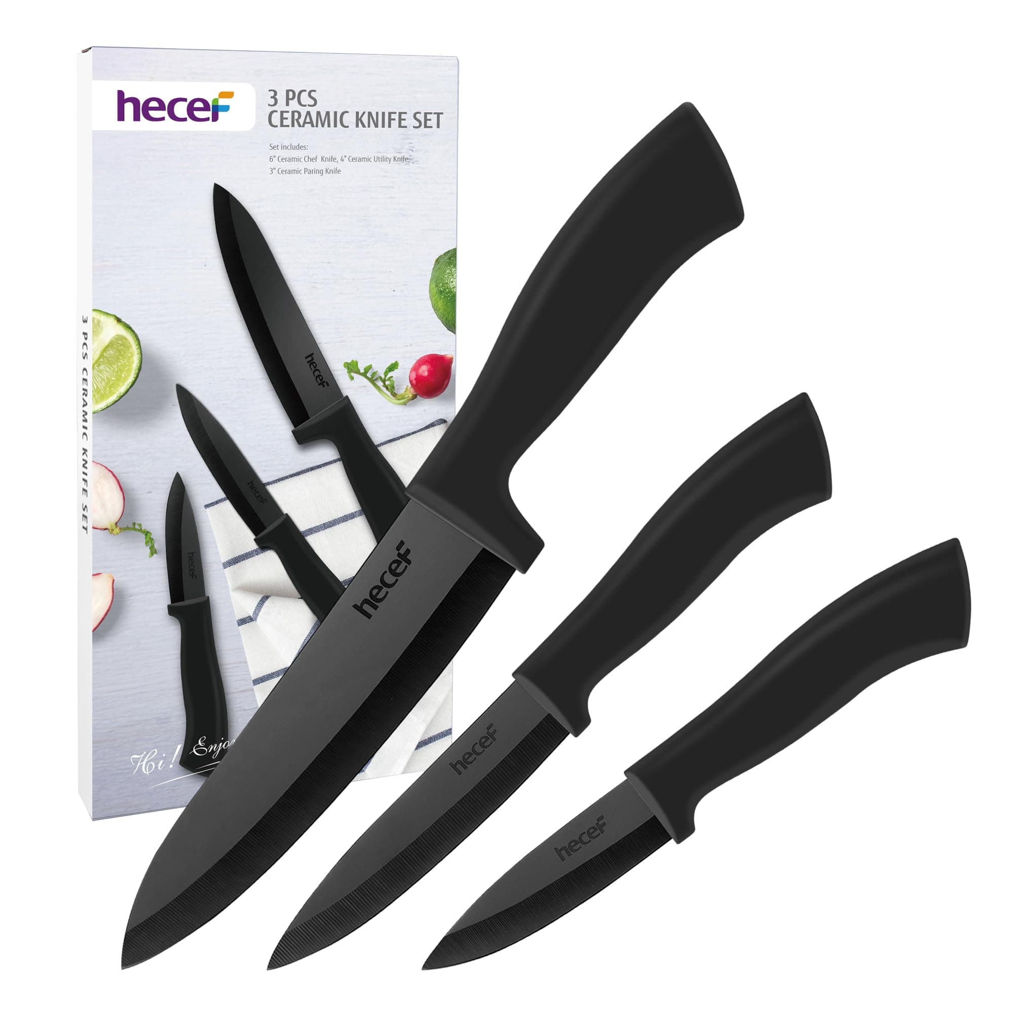 hecef Ceramic Knife Set 3-Piece Sharp Kitchen Knife Set Never Rusted, Black Ceramic 6 Inch Chef's Knife, 4 Inch Fruit Knife, 3 Inch Vegetable Knife (Black)
