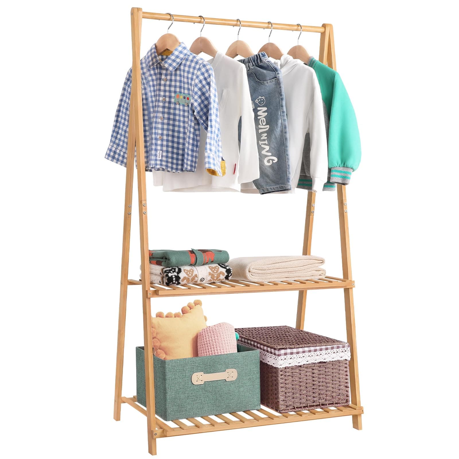 Small Clothes Rack Kids Dress Up Storage for Playroom, Toddlers Bedroom, Bamboo Child Garment Rack with 2 Tier Storage Shelf, Kids Clothing Rack Costumes Organizer