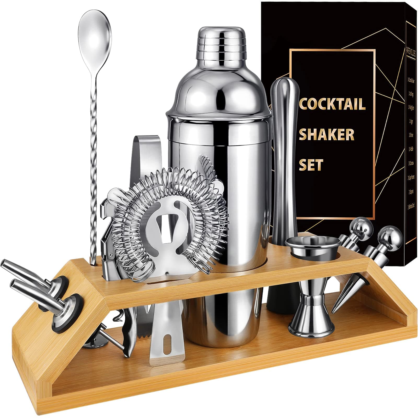 Cocktail Shaker Set Bartender Kit, 12 Pcs Premium Stainless Steel Bar Set Tools : Bamboo Stand, 25 oz Martini Shaker, Cocktail Shaker Set for Mixing Cocktails