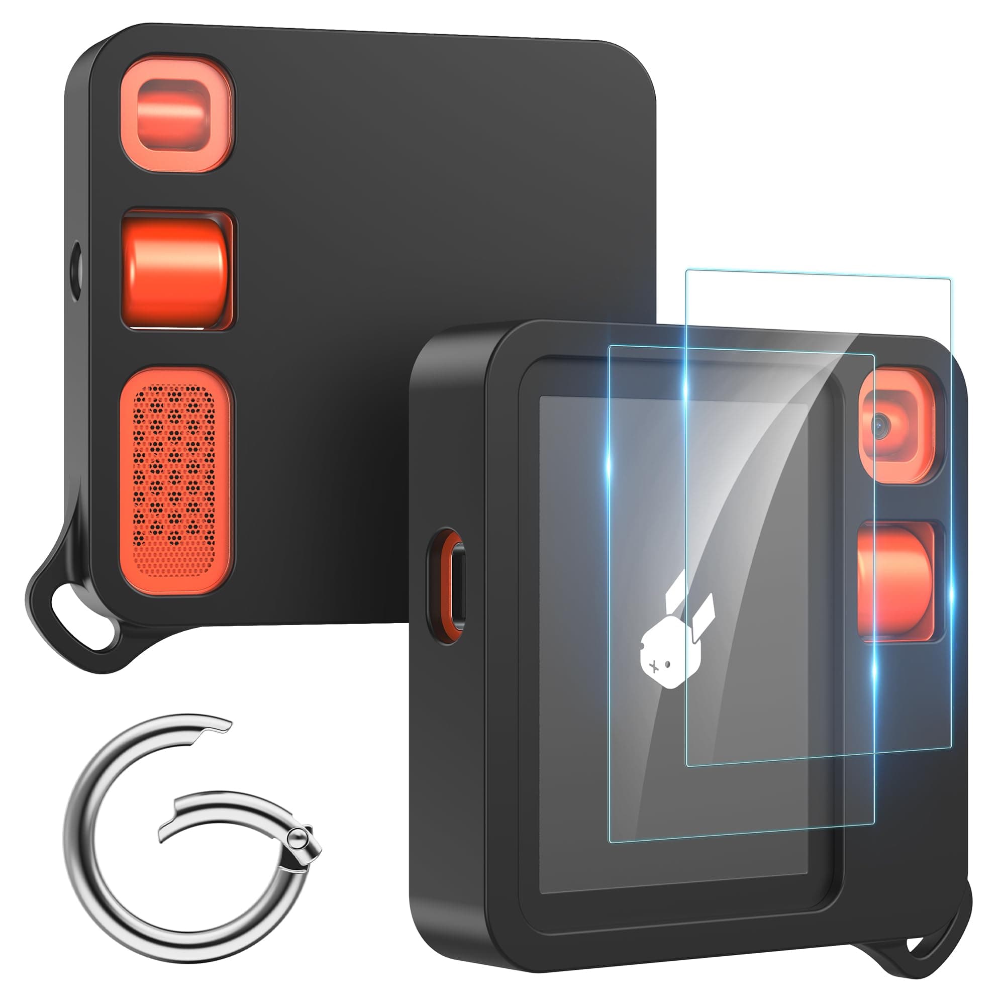 DDJ Case for Rabbit r1 with Spring Clip Keychain & 2 Pack HD Tempered Glass Screen Protector, Anti-Scratch, [Upgrade Liquid Shockproof Silicone Case] Slim Protective Cover for Rabbit R1