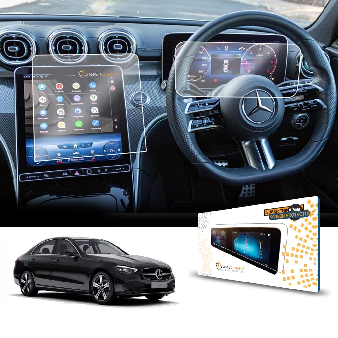 Mercedes C-Class 2022 Car Infotainment and Instrument Cluster Screen Protector [Transparent] It's Flexible not a Glass