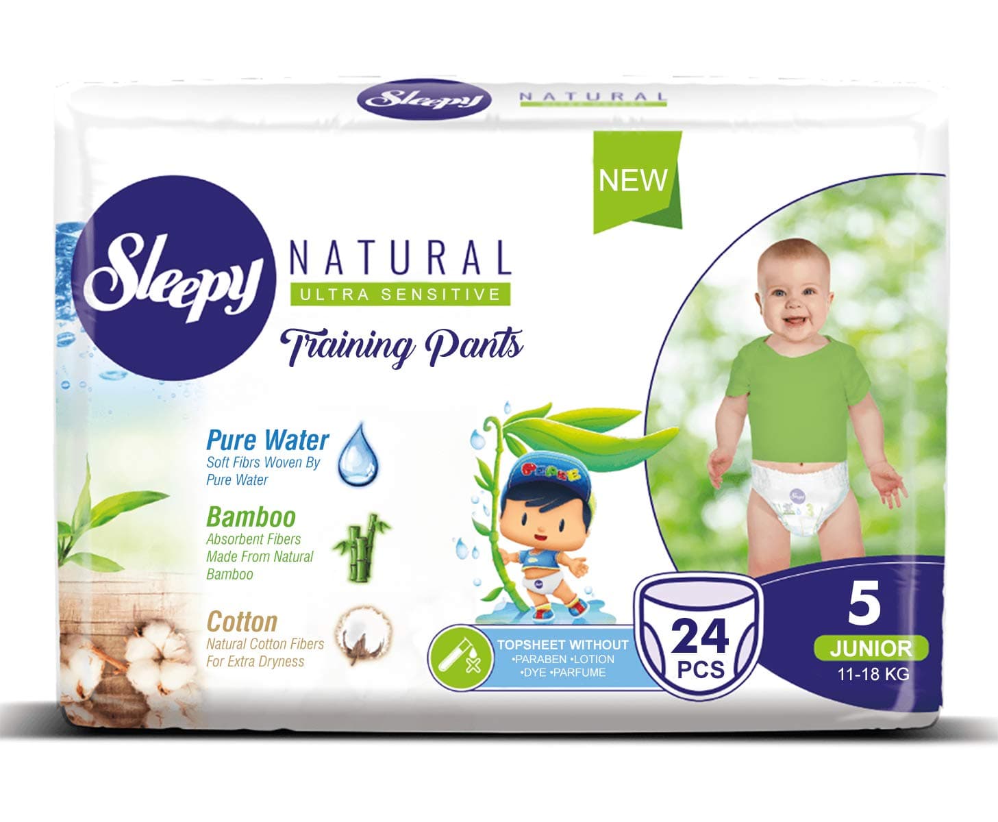 Sleepy Natural Ultra Sensitive Training Pants, Pure, Natural & Organic, Size 5 (11-18 KG), Pack of 24.