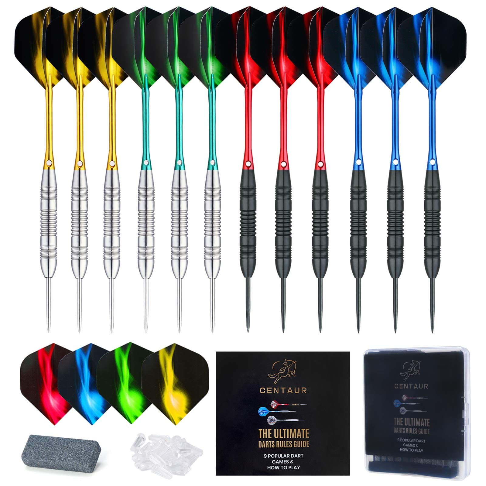centaur 12 Pack Steel Tip Darts, Professional 22 Grams Metal Dart Set with Frosted PVC Shafts and 5 Style PET Flights and Dart Case, Silver & Black