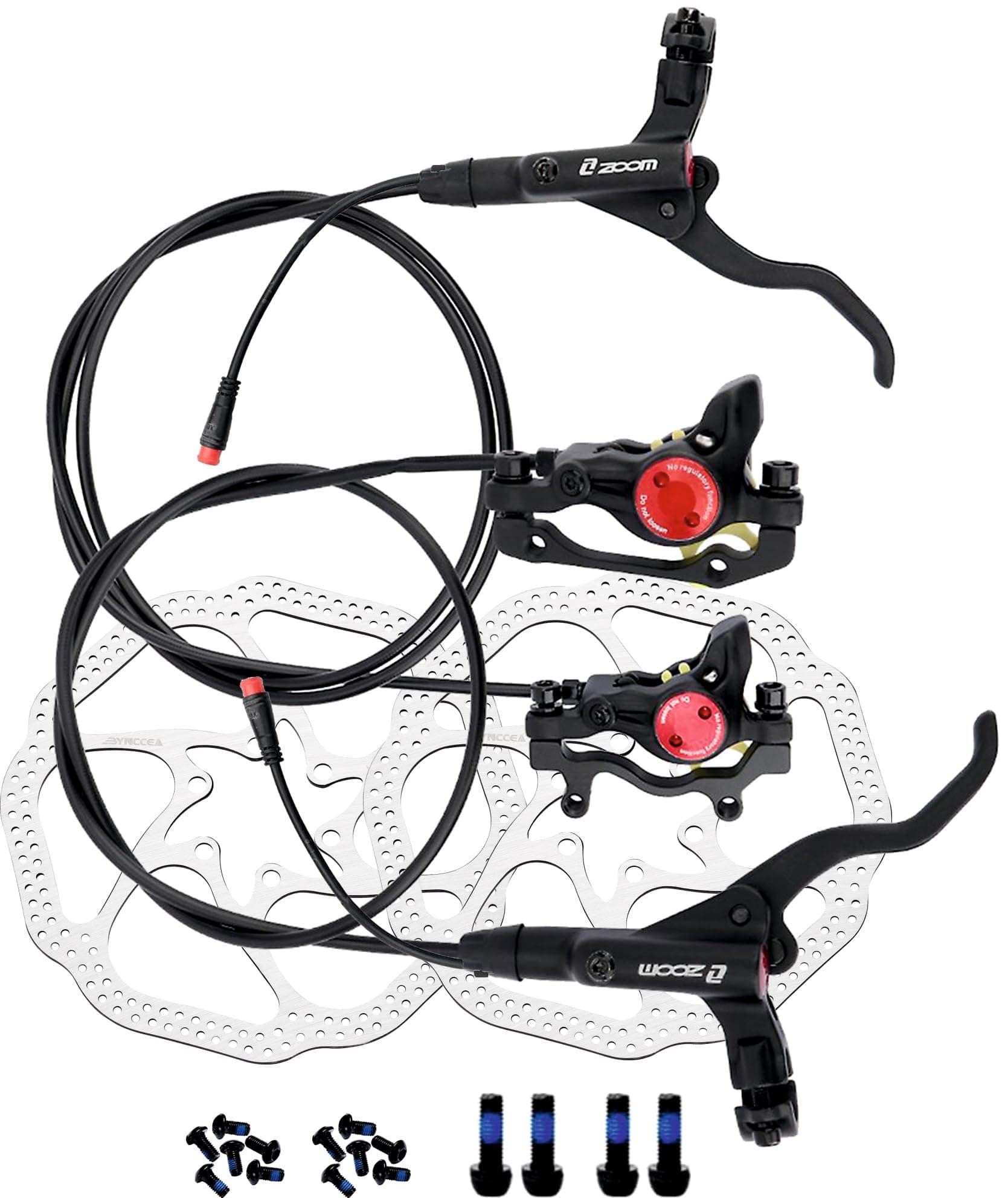 Zoom EBike Hydraulic Disc Brake FR-ZHB875E 2-PIN Plug Power-Off Sensor Front & Rear 700mm & 1650mm Set 2 Piston for Mountain Bike MTB BMX (Black)