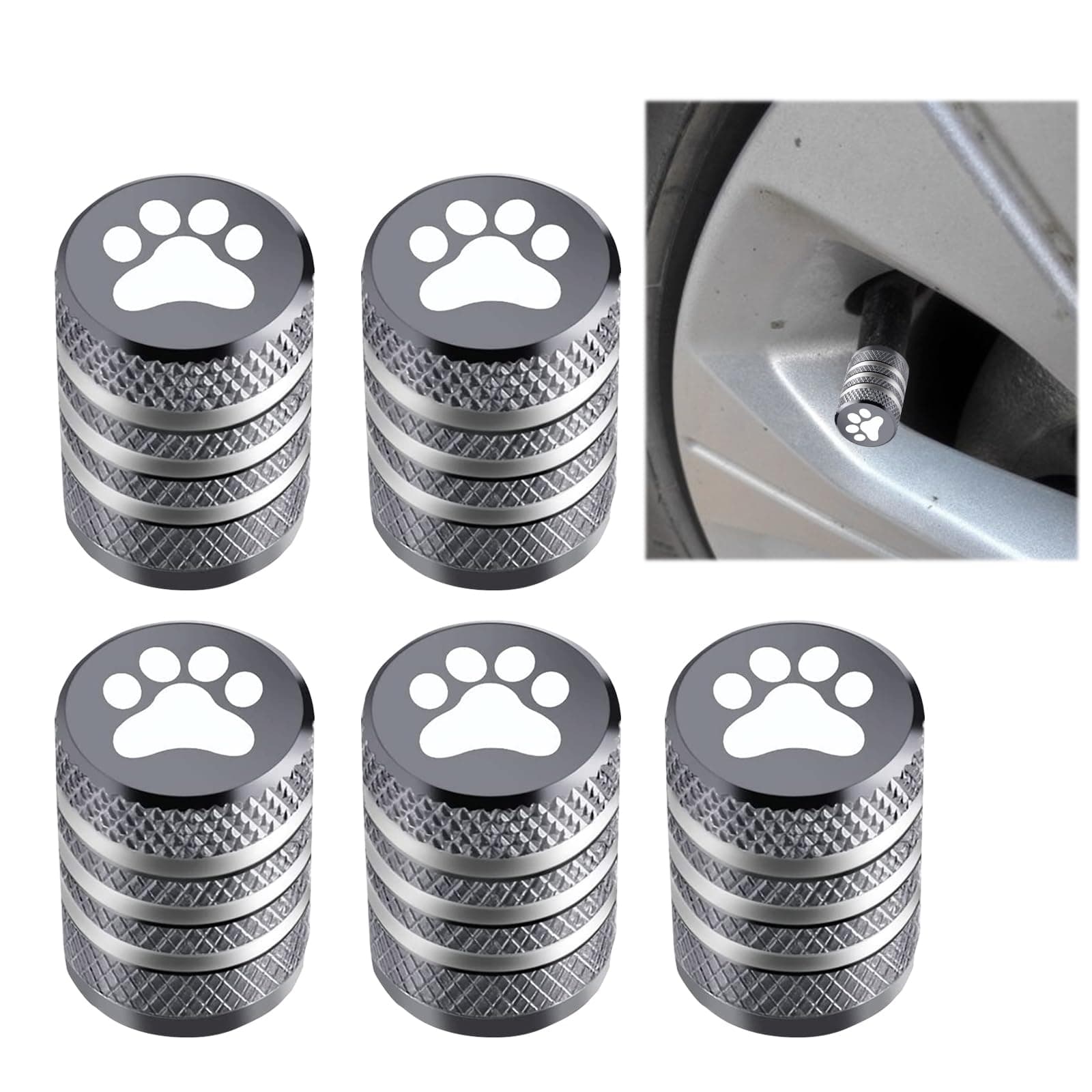 Ajxn 5 PCS Dog Paw Style Tubeless Valve Cover, 0.62" x 0.43" Screw-on Alloy Valve Cap, Suitable for Most Models (Gray)