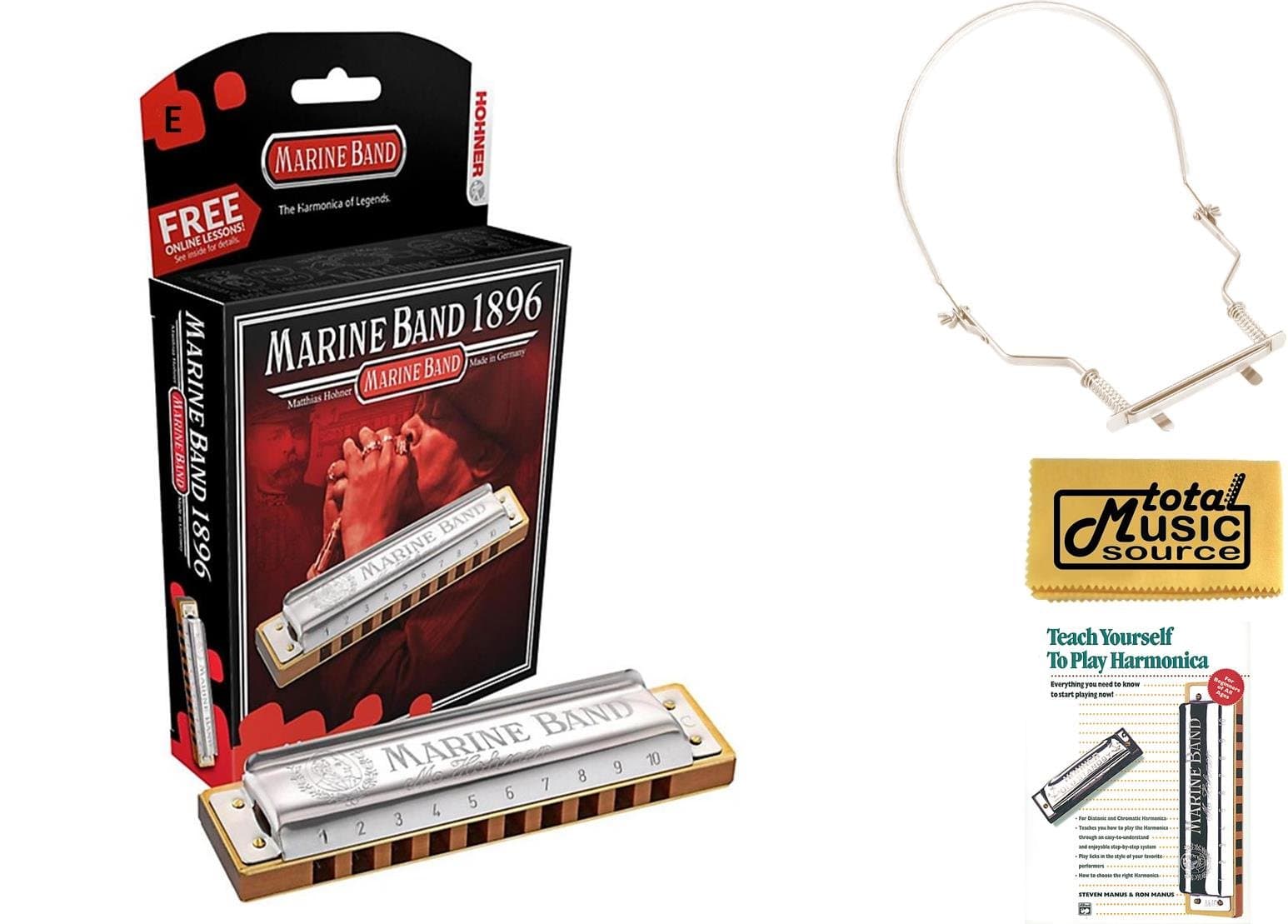 HOHNER Marine Band Harmonica, Key E, Made in Germany, Includes Case Book, & Harmonica Holder