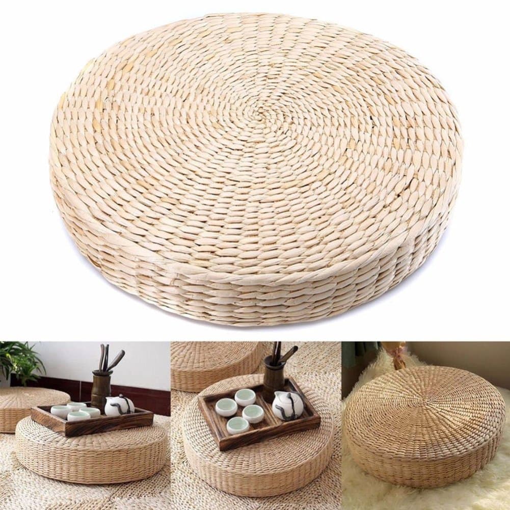 ZAK168 Natural Woven Grass Cushion, Wild Pucao Handmade Beige Round Weave Braided Pad Pillow Floor Mat Thick Yoga Cushion for Garden Dining Room Living Room Home Decor