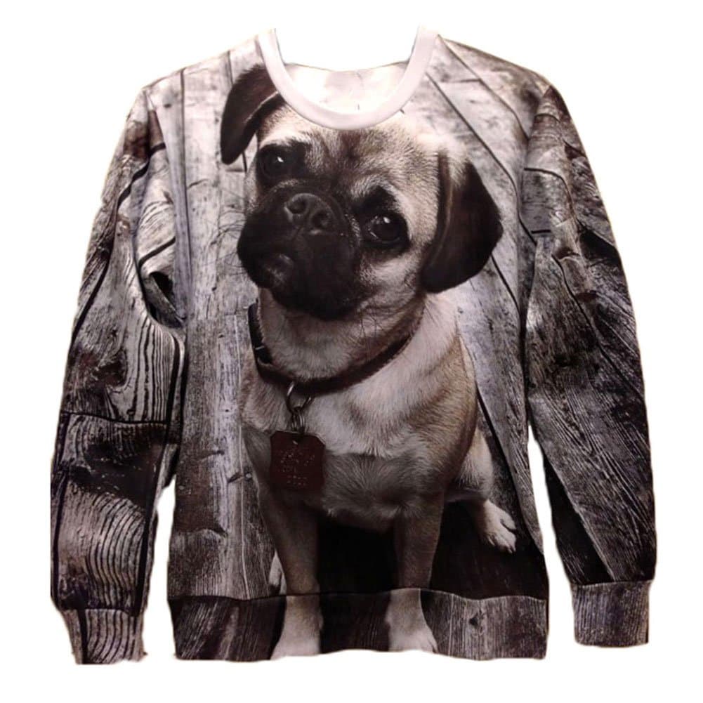 Women Sweater Pug Dog 3D Hoodies Pullovers Sweatshirts (L)