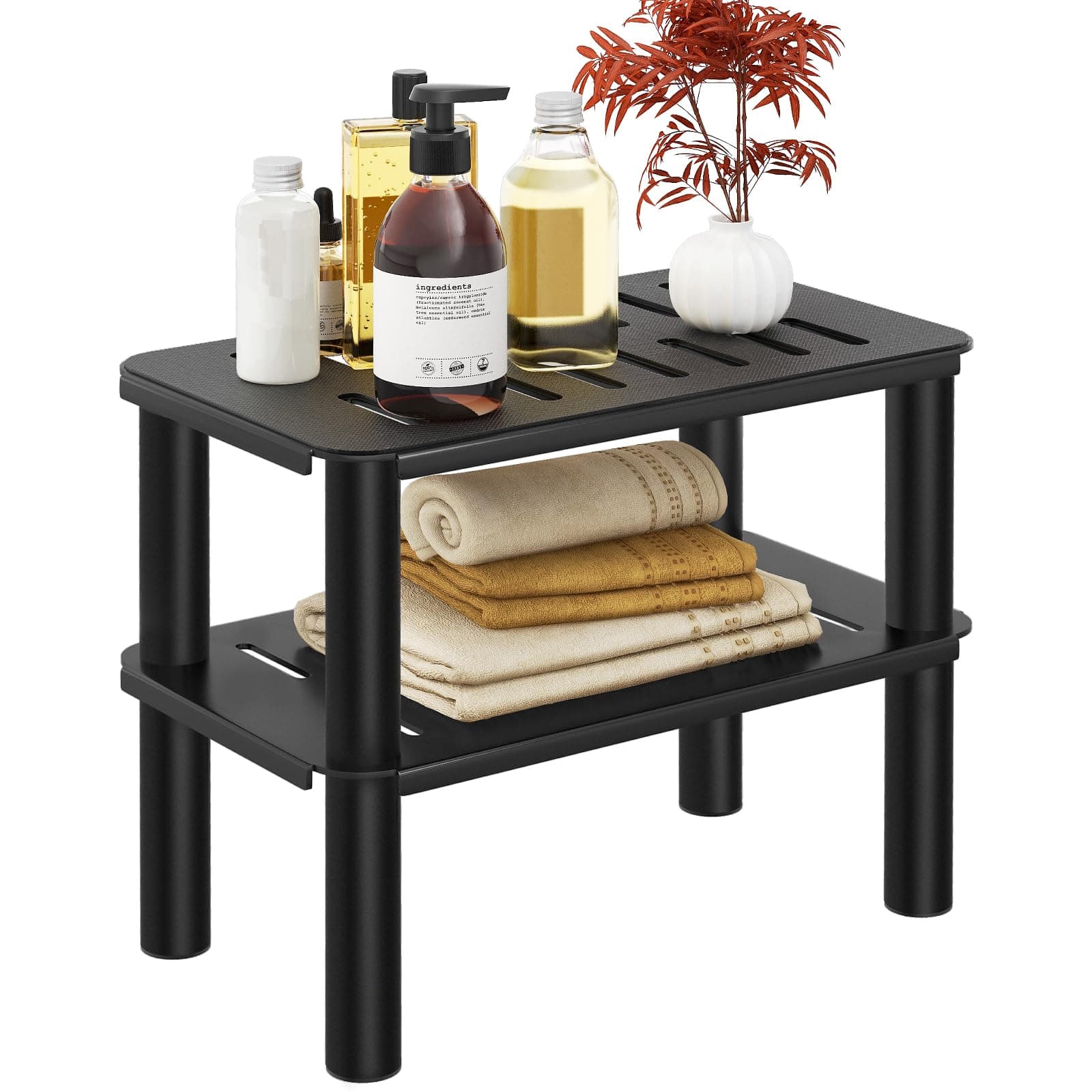 Metal Corner Shower Foot Stool for Shaving Legs, Bathroom Shower Bench Seat with Storage Shelf, Shower Stool for Inside Shower Waterproof, Small Step Stools, Matte Black Non-Slip Shower Chair