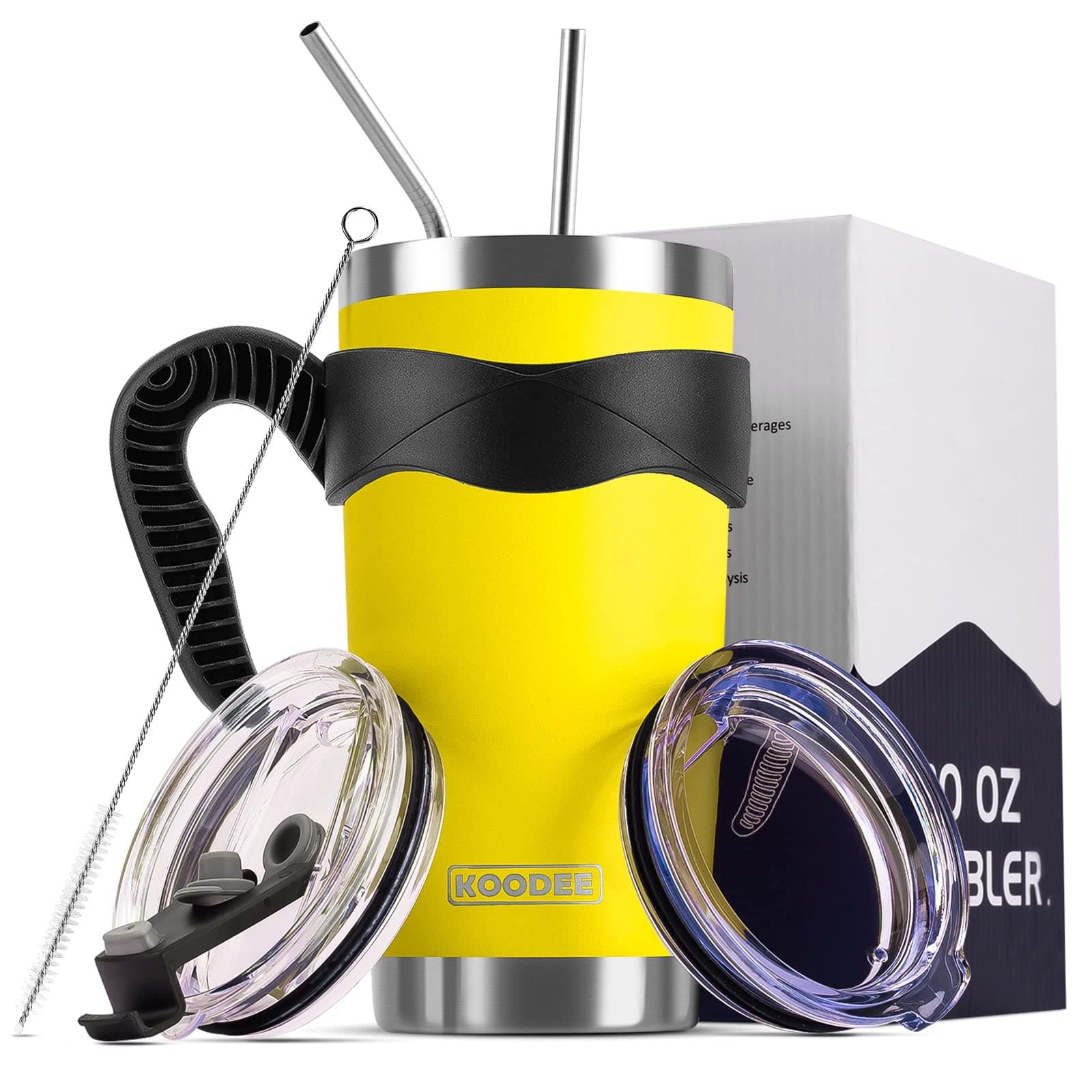 koodee 20 oz Tumbler Stainless Steel Insulated Coffee Travel Mug with Straws,Sip Lid and Straw Lid, Brush, Handle (20 oz, Lemon Yellow)