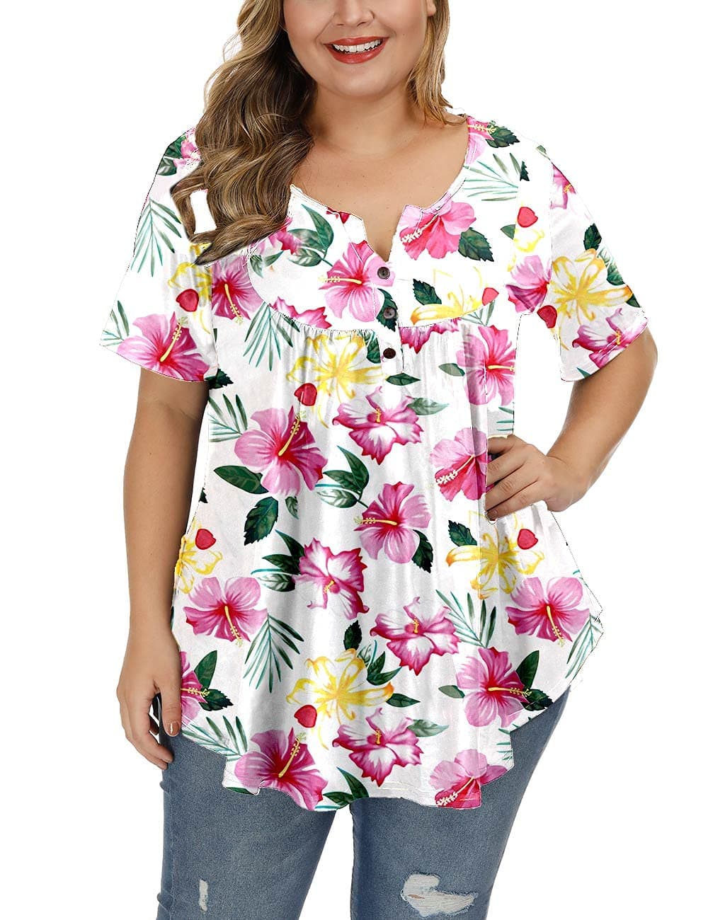 ALLEGRACE Women's Plus Size Summer Blouses Henley V Neck Button Up Tunic Tops Ruffle Flowy Short Sleeve T Shirts