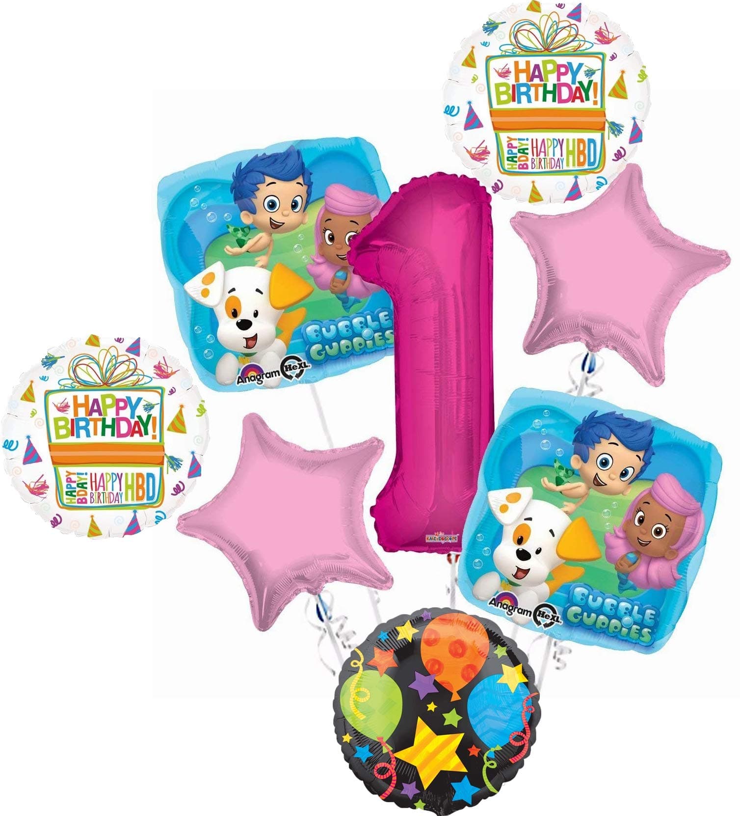 Bubble Guppies 1st Birthday Party Supplies Balloon Bouquet Decorations - Pink Number 1
