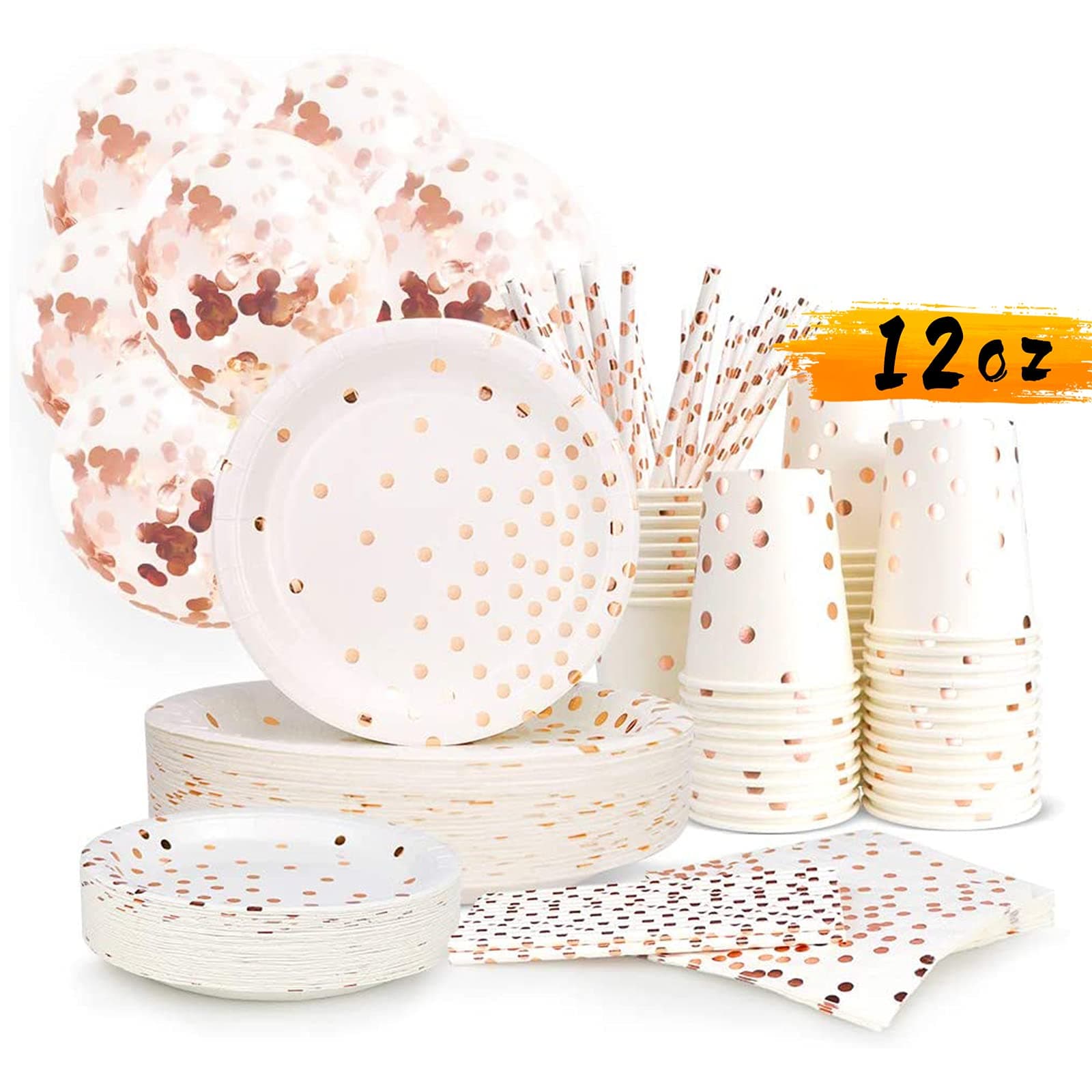 300PCS Rose Gold Paper Party Supplies - Disposable Paper Plates Dinnerware Set Rose Gold Dots 50 Dinner Plates 50 Dessert Plates 50 Cups 50 Napkins 50 Straws 50 Balloons Birthday Party Wedding Holiday