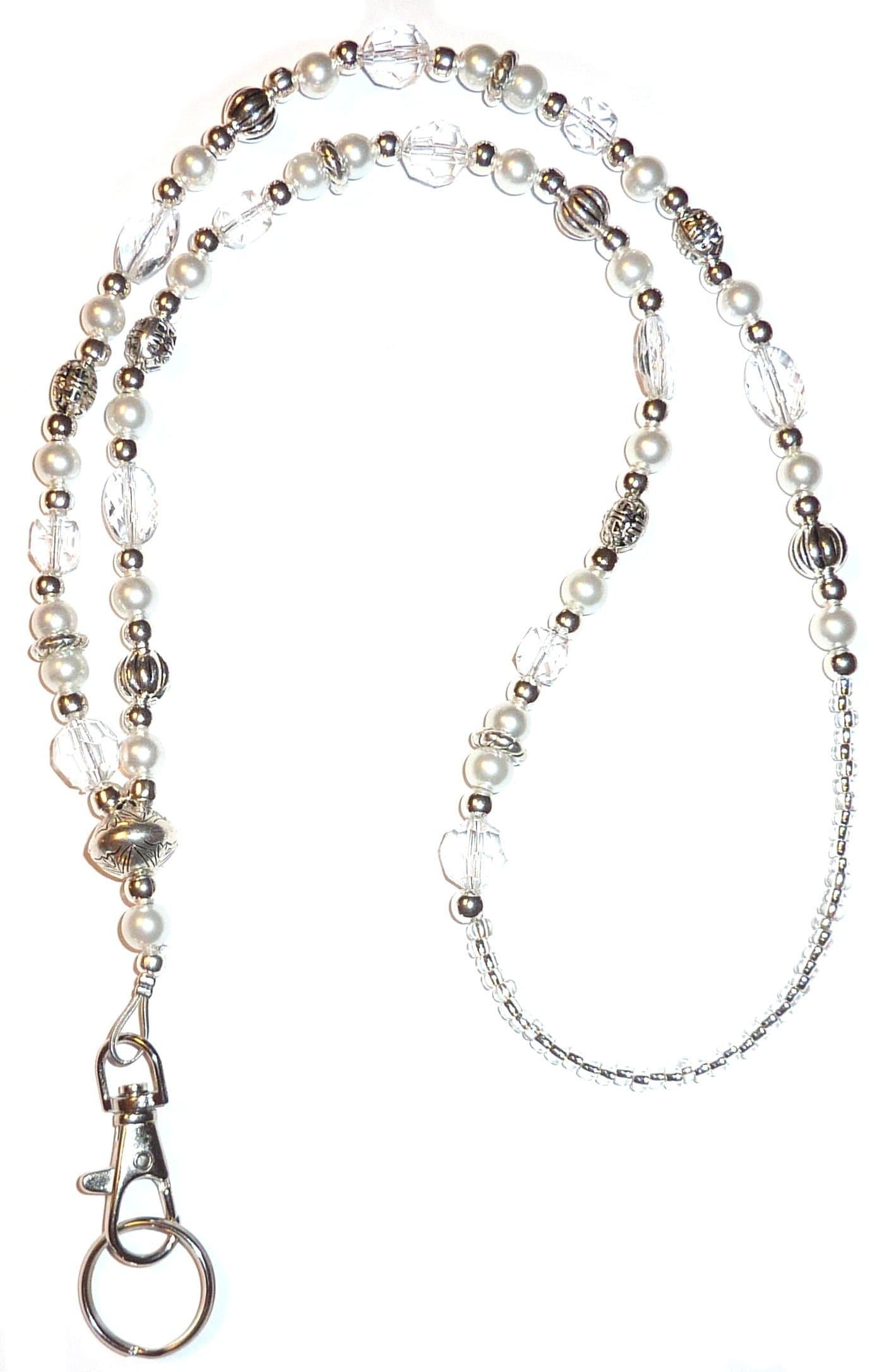 Hidden Hollow Beads Women's Pearl Lanyard Strong Beaded Made in USA ID Badge Card Holder Teacher Nurse Cruise Keys Keychain Phone