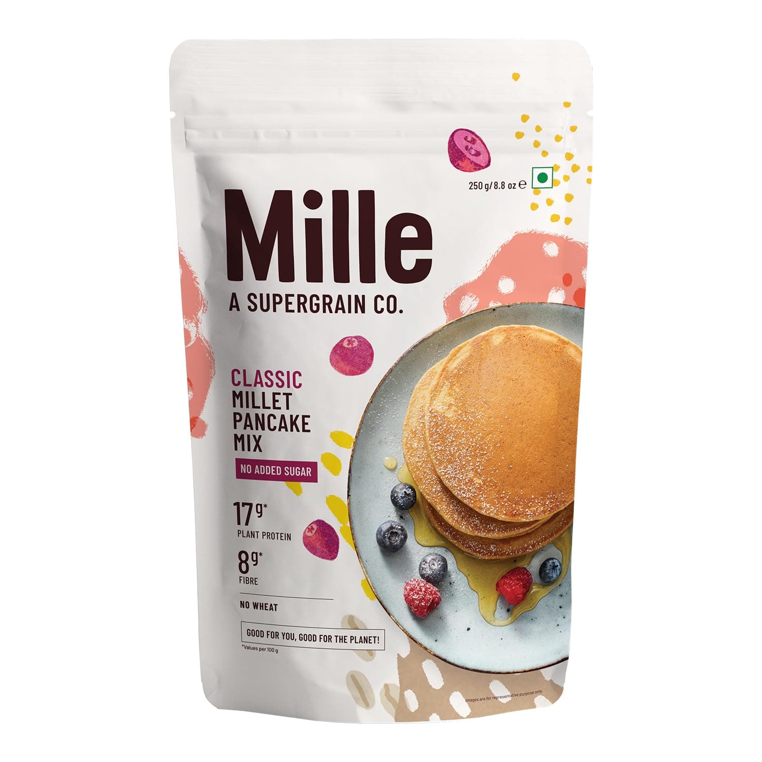 Mille Classic Pancake mix | 0 Sugar | 17g High Protein Pancake | 8g Fibre | No Maida, No Atta | Low Carbs | Low GI Millet Grain | From the Makers of Slurrp Farm | 250 grams