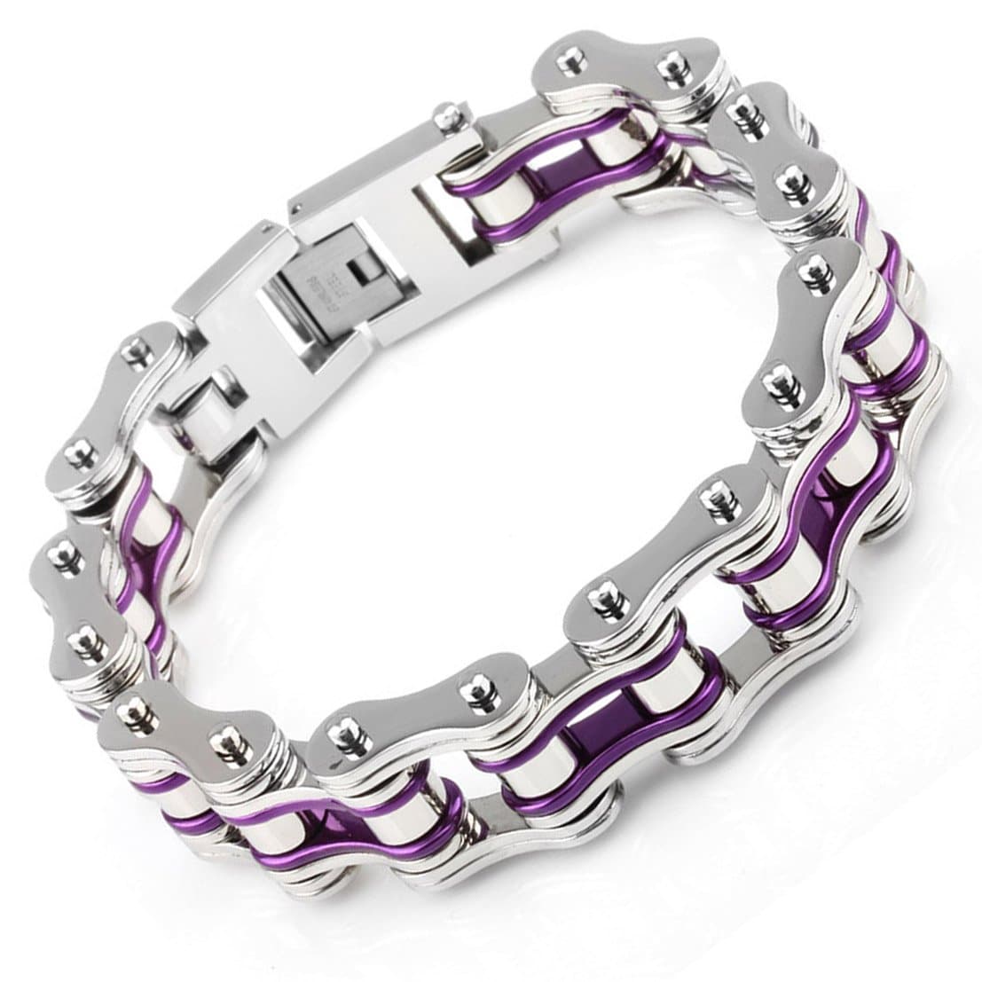 Stainless Steel Mens Bracelet Bike Chain Wide Motorcycle Heavy Bangle Man Jewelry (purple-silver)