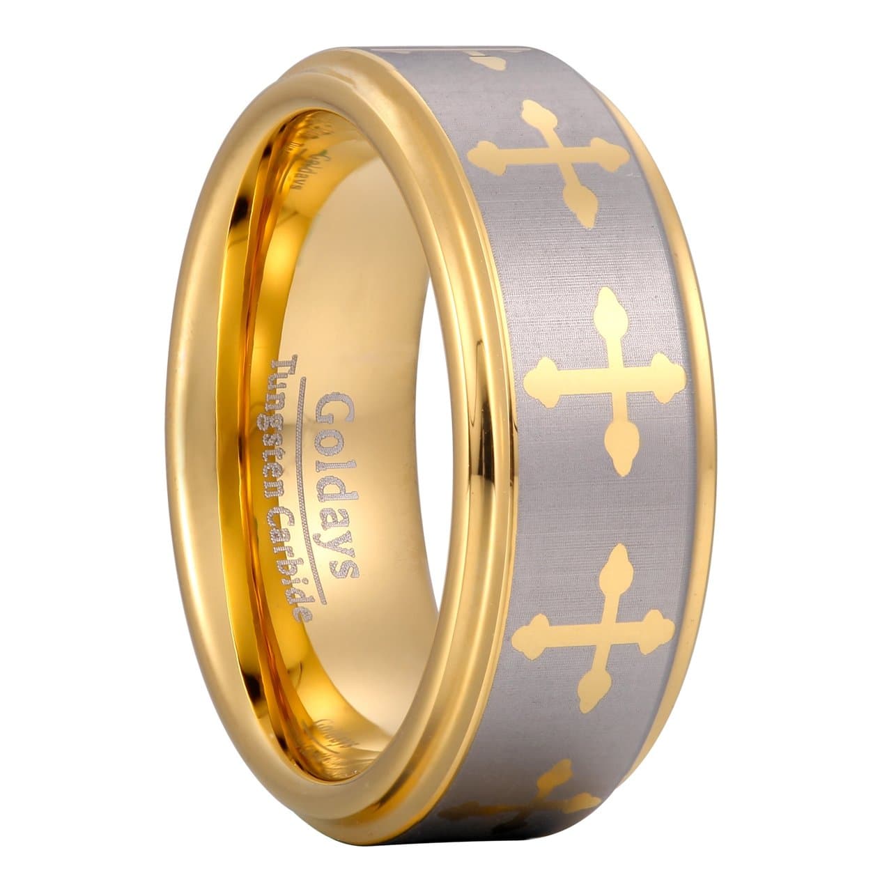 GOLDAYS 8mm Unisex Gold Plated Tungsten Wedding Ring with Cross Comfort Fit Matte Finished Engagement Band (12)