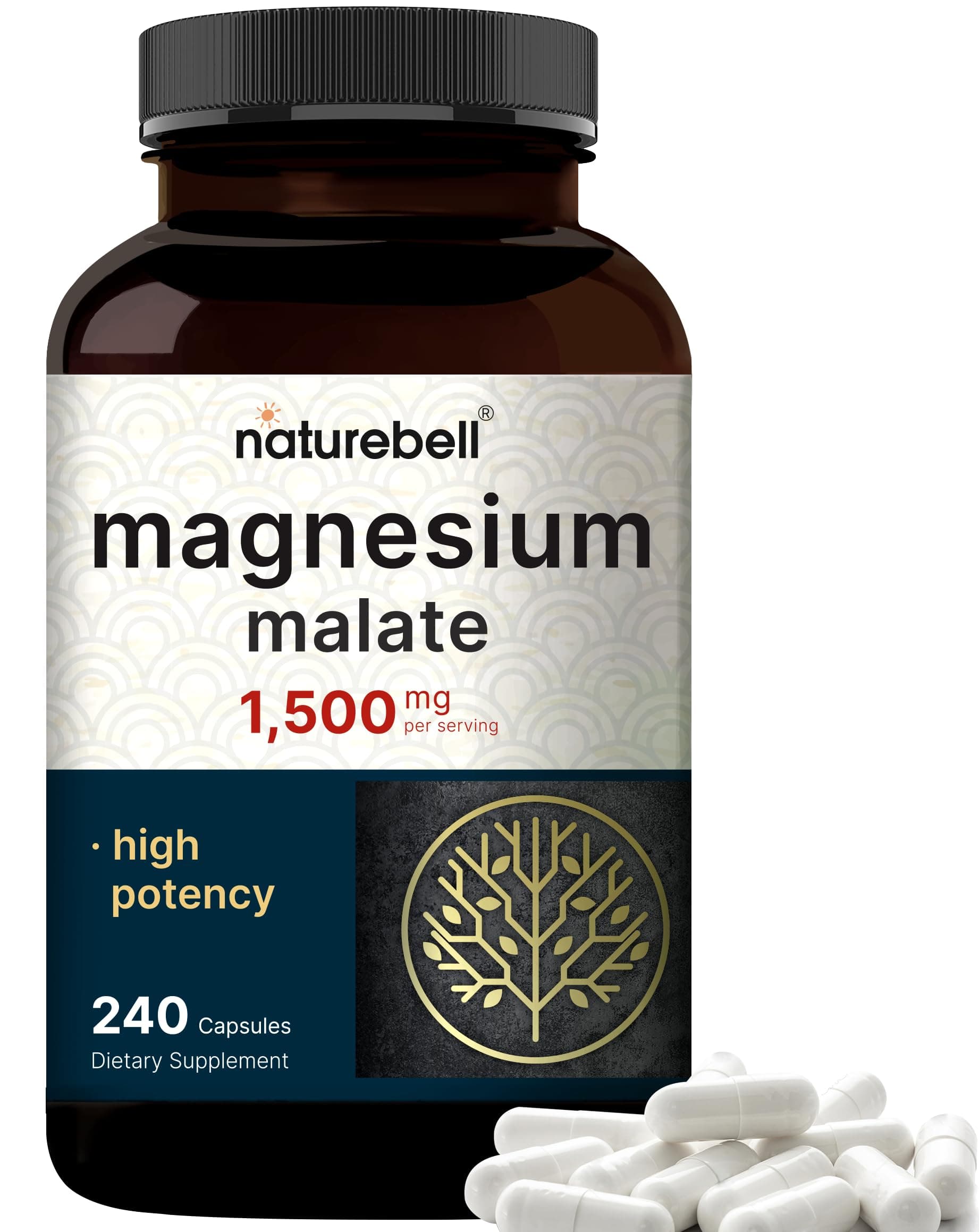 NatureBell Magnesium Malate 1,500mg, 240 Capsules | Chelated for High Absorption | Energy & Nervous System Support | Non-GMO, Gluten-Free