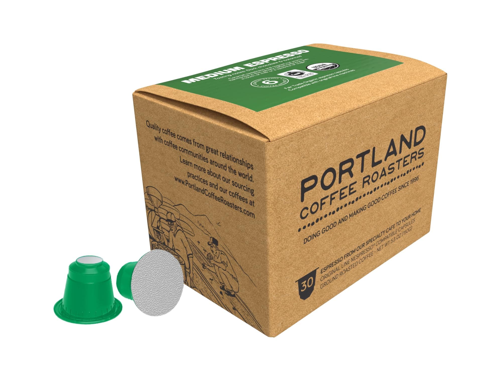 Portland Coffee Roasters, (Medium) Espresso Pods, Organic, Fair Trade, 30 count