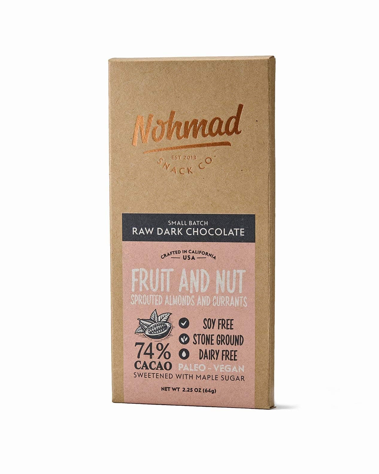 Nohmad Snack Co, Bar Chocolate Raw Dark Fruit Nut, 2.25 Ounce