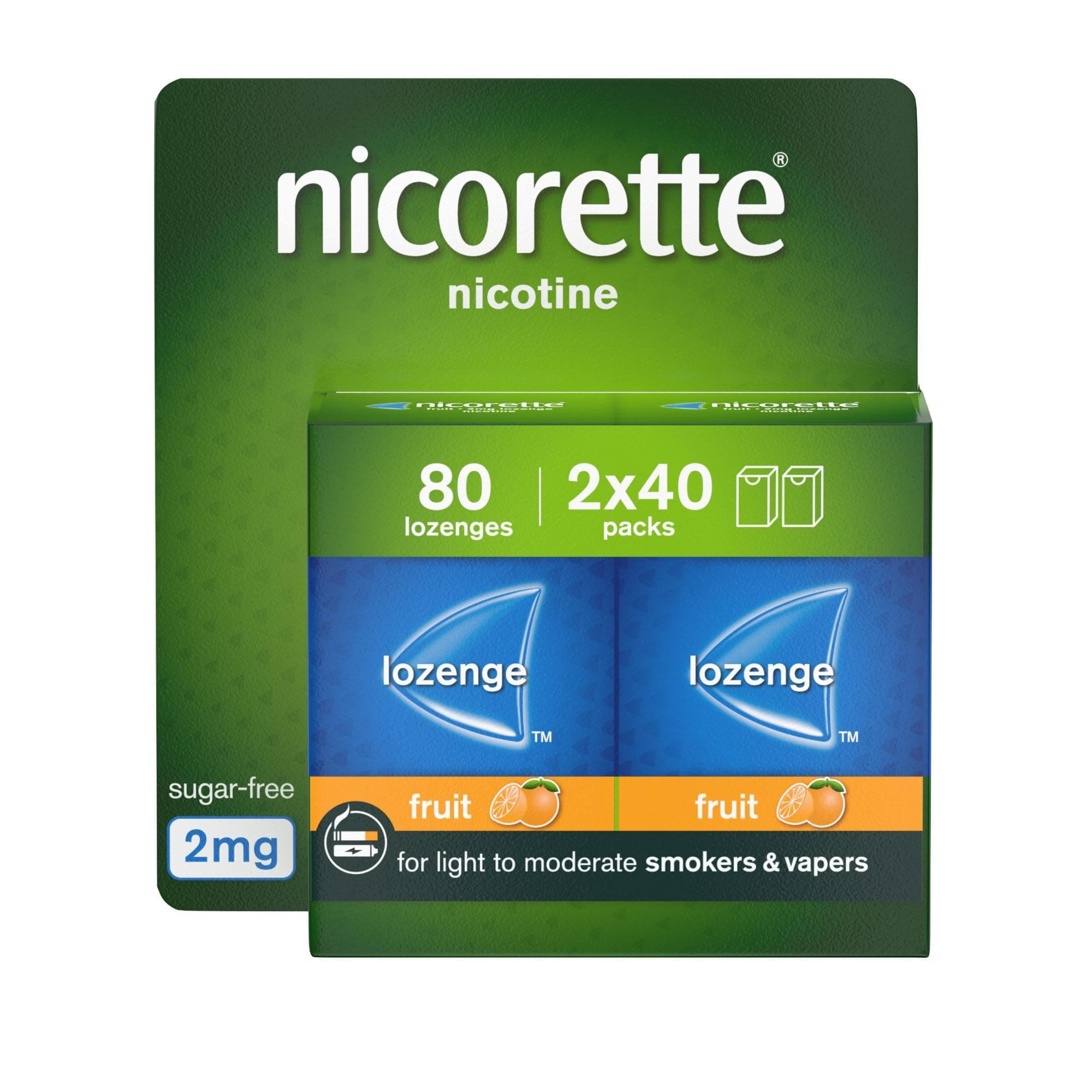 Nicorette Fruit 2mg Lozenge, 80 Lozenges (2 x 40 Packs), Effective and Discreet Quit Smoking Aid for Cigarettes, Nicotine Lozenges with Dual-Layer Fruity Flavour Release