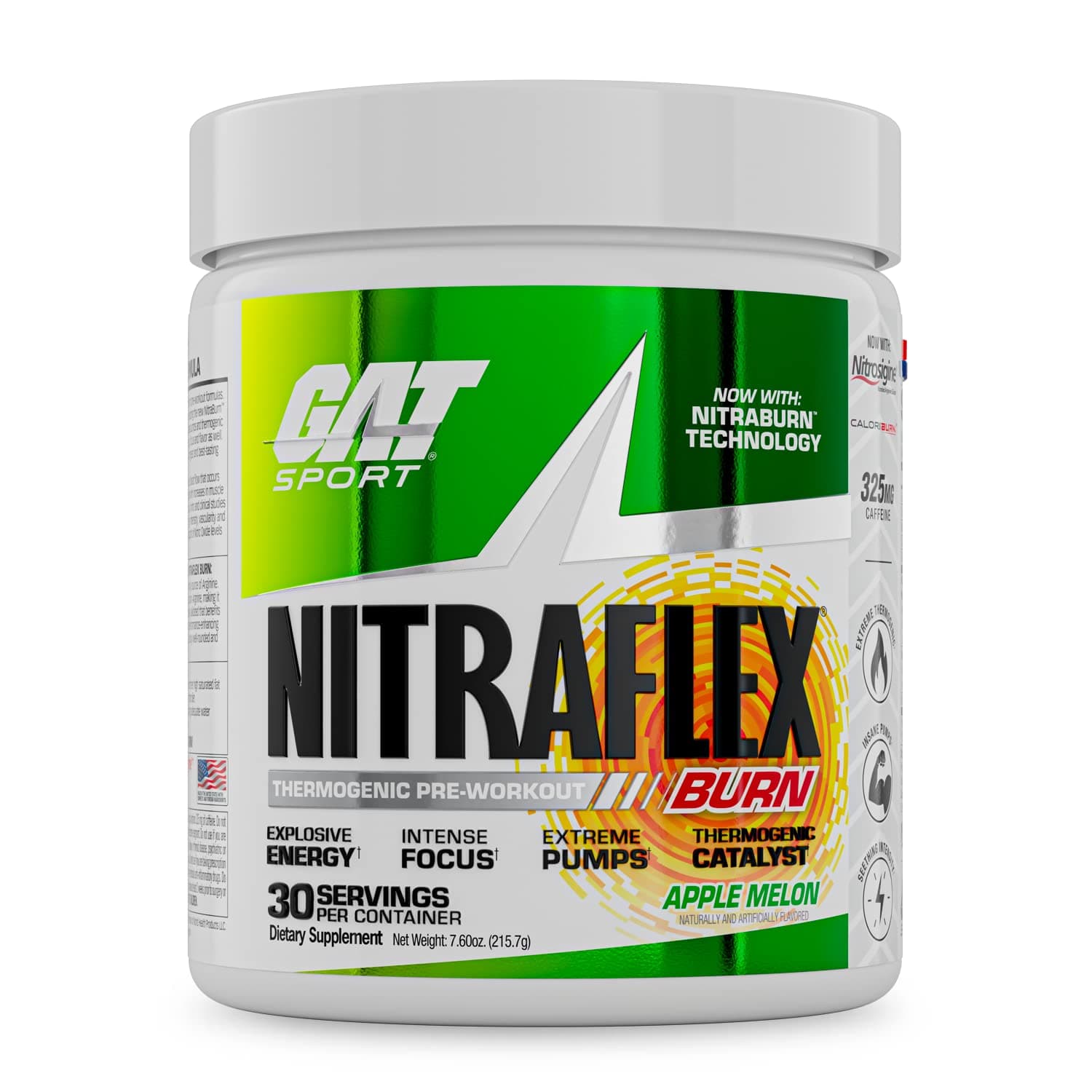GAT SPORT NITRAFLEX Burn, Pre Workout Thermogenic Powder, Apple Melon, 30 Servings
