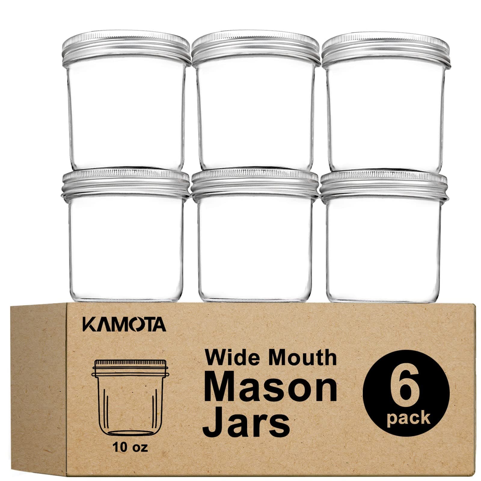 KAMOTA Wide Mouth Mason Jars 10 oz, 10oz Mason Jars Canning Jars Jelly Jars With Wide Mouth Lids and Bands, Ideal for Jam, Honey, Wedding Favors, Shower Favors, Baby Foods, 6 PACK